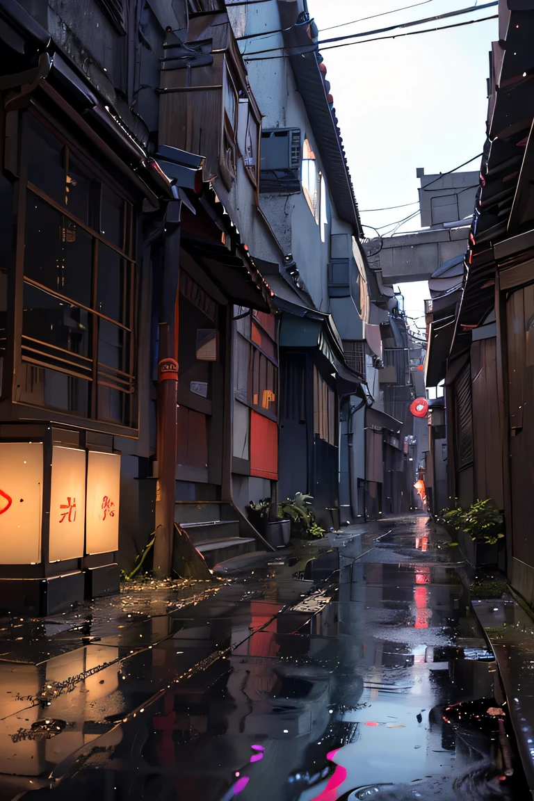 Yokocho, noite, beco cyberpunk, led, water puddle, uma foto tirada com uma lente 35mm, a photo of a modern Japanese alley, a photo taken from a bottom-up perspective with puddles of water reflecting the lights of the modern alley, cyberpunk, luzes vermelhas, luzes roxas, luzes azuis