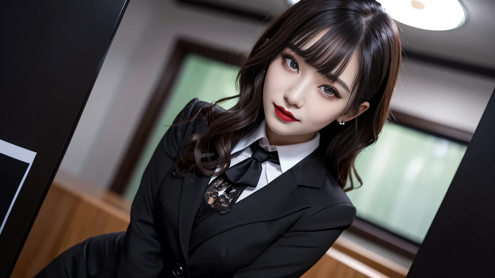 best quality、ultra-detailed、4k、Japanese、Seductive beauty、seductive adult woman、Pretty Woman、cool girl、Villainess、Brainwashed、brainwash、Fallen into evil、smirk、Evil look、Wicked Smile、evil、Brown hair、wavy hair、swept bangs、dark makeup、dark makeup、piercing eyes、hollow eyes,half-closed eyes、Hollow Eyes、purple Eyeshadow、black lipstick、black lipglos、office staff suit、suit、Jacket、Black sleeves、White Shirt、Black Ribbon、Tight Skirt、pantyhose、night、inside darkroom、Are standing、shoot from below、Have lipstick、Emblem of Evil、Crest of Darkness、Swear allegiance、I have pledged my allegiance、Dye black、Blackening、Stained with evil、Dyed in darkness、Seduce