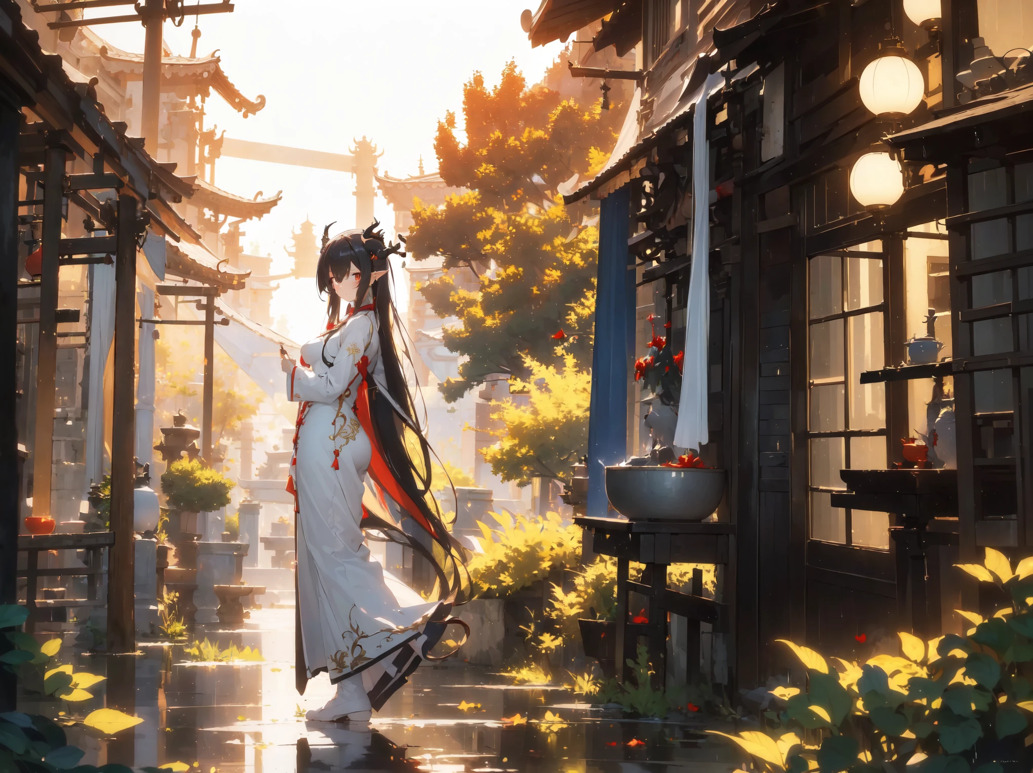 (best quality, highres, masterpiece : 1.4), (flatten art : 0.8), masterpiece, (best quality), 1woman, anime, long hair, jet black hair, straight hair, horns, pale skin, red eyes, pointy ears, white ao dai, tall, medium sized breast, enticing, reminiscing, solo, shrine, mystical atmosphere, after the rain, walking