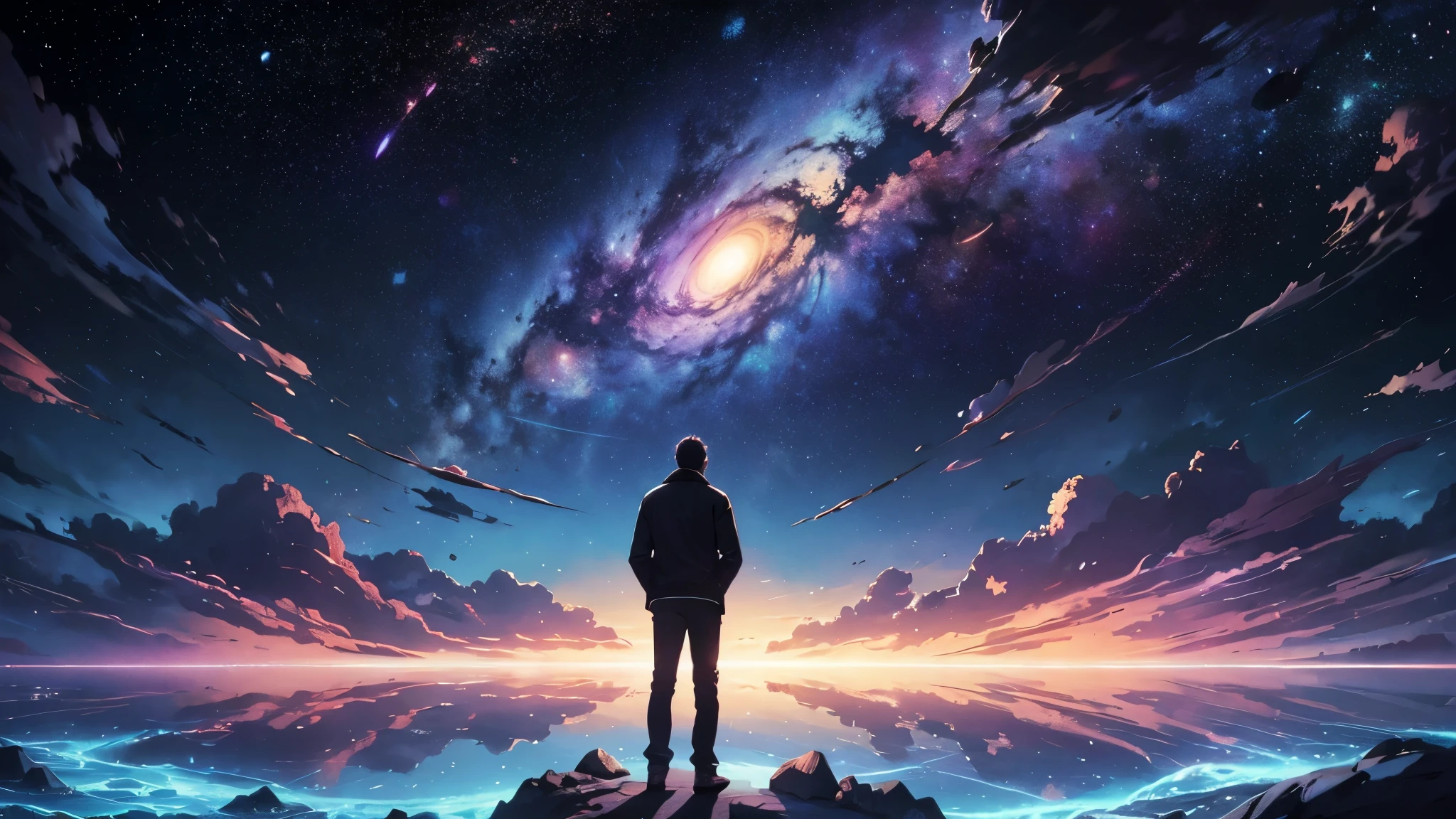 a man standing in front of a galaxy with planets and stars, the encrypted metaverse, deeper into the metaverse we go, inspired by Cyril Rolando, in the multiverse, endless cosmos in the background, ascending universes, in the astral plane ) ) ), looking out into the cosmos, another universe, surreal space, end of the universe, in the universe
