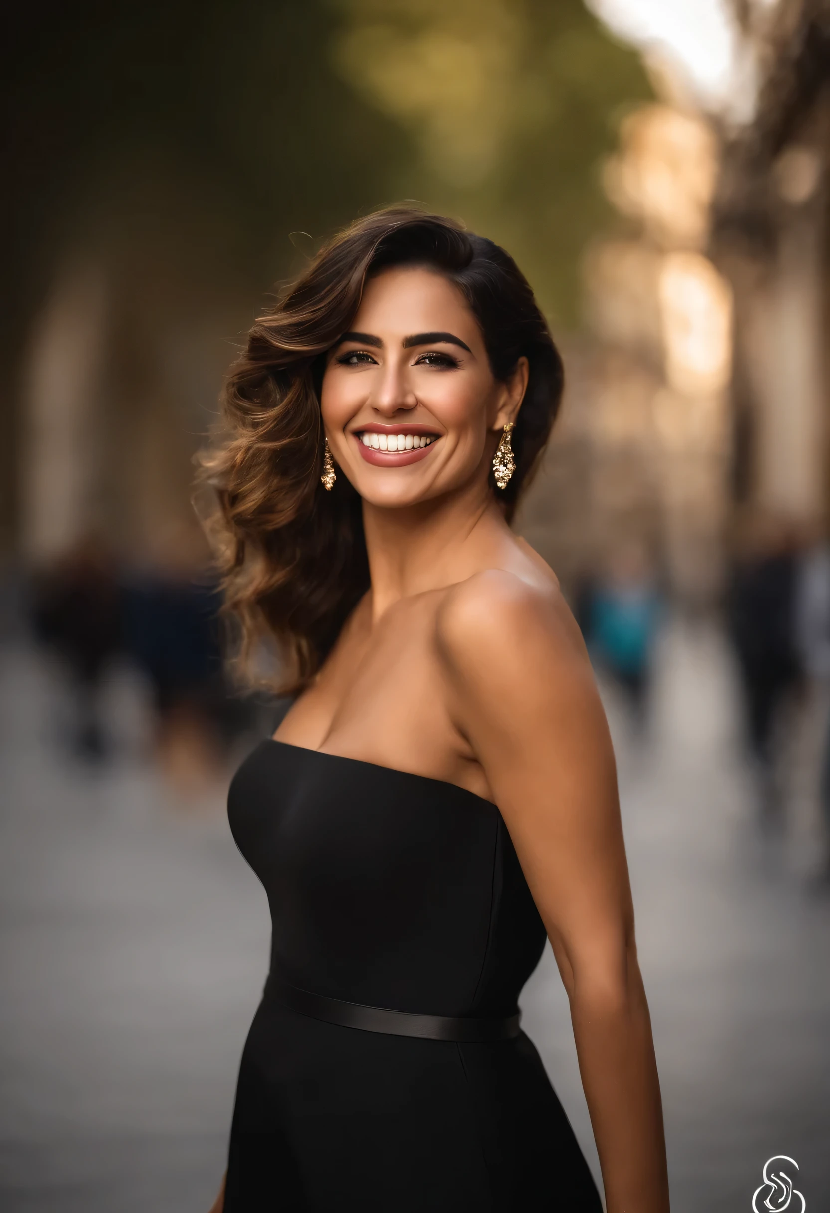 Arab woman wearing a black dress and a gold ring, Com um sorriso elegante, mulher de 30 anos, sorriso encantador, linda e sorridente, instagram post, she is smiling, com um lindo sorriso, Lorena Avarez, Alanis Guillen, sorriso perfeito, she is smiling and happy