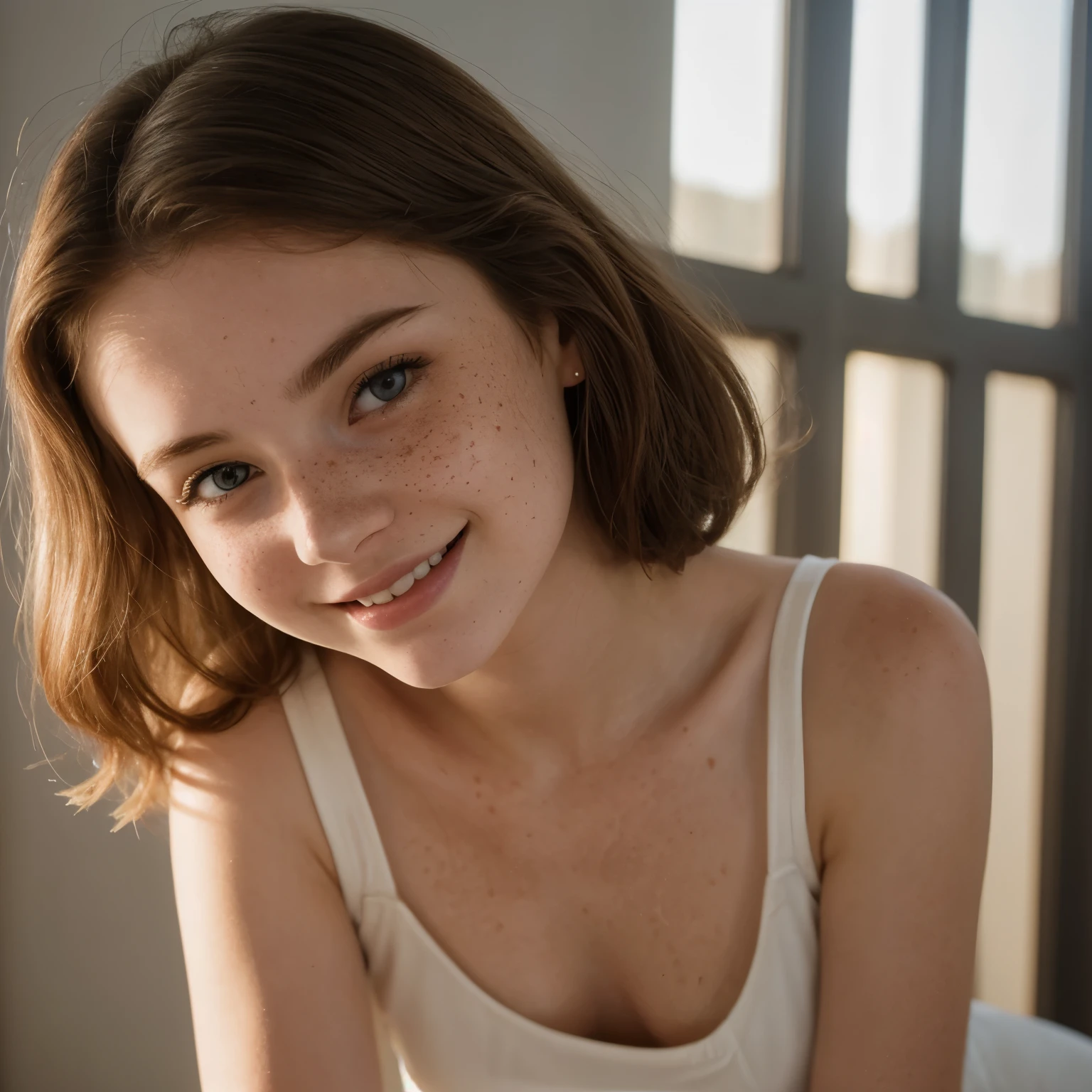 young brunette , extra pale skin, freckles, dramatic lighting with shadows, grinning, tight dress