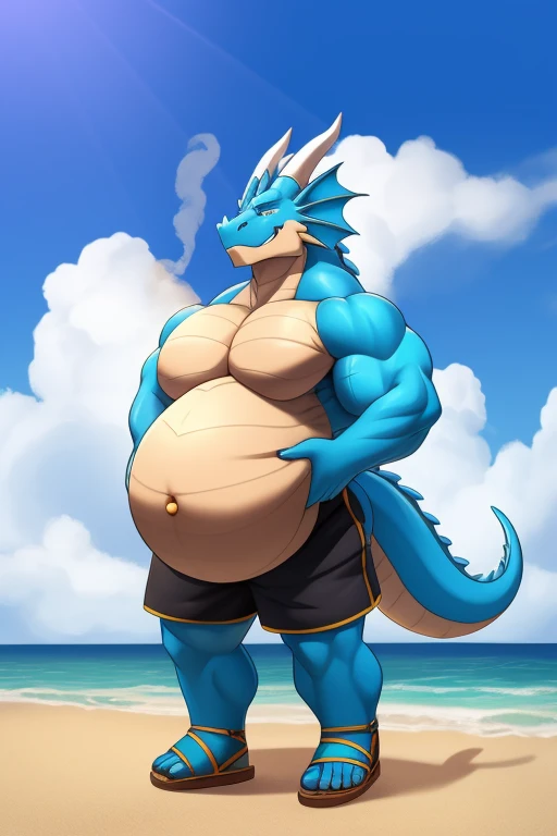 Buff dragon with oversized inflated beige stomach ,high blue, big bellybutton,Blue back, Black shorts,sandals,Standing on the beach in a ready to fart position and farting out a huge gas cloud。