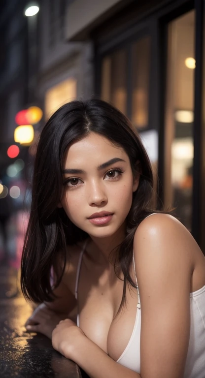 Best quality, 8k, (regarder le spectateur: 1.1), belle, chaude, attractive, woman with tanned skin, seins moyens, oiled black hair, (lentilles de contact: 1.1), beau visage, (detailed face: 1.2), (animated: 1.2), hyper detailed, Best quality, ultra high resolution, Cheveux bruns , cozy home interior, pchaudorealistic, high resolution, detailed , raw pchaudo, 1fille, Nuit, city lights, pluie