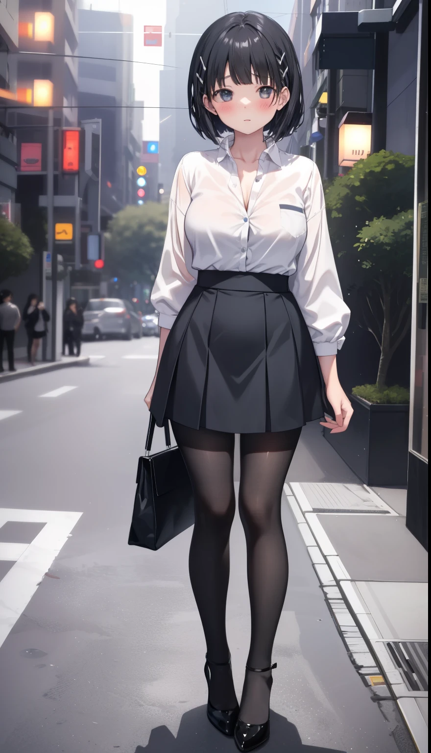 One Girl、positive、Standing posture、Full body portrait、Black Hair、Medium Haircut、blush、Absolute area、Black knee-high socks、Knee-length、stockings、Black Pantyhose、White underwear、Light blue shirt、Blue-gray business suit、Grey tight mini skirt、Japanese office lady、Summer clothes、nightの歓楽街、night、（Very large breasts）、Cleavage、open chest shirt、((Lesbians around the world))、masterpiece、（highest quality）、
Panties around the ankles、Black high heels、Shirt buttons fly off、Unbutton your shirt