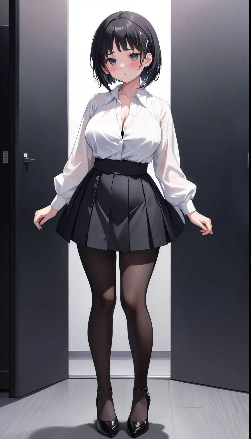 One Girl、positive、Standing posture、Full body portrait、Black Hair、Medium Haircut、blush、Absolute area、Black knee-high socks、Knee-length、stockings、Black Pantyhose、White underwear、Light blue shirt、Blue-gray business suit、Grey tight mini skirt、Japanese office lady、Summer clothes、nightの歓楽街、night、(Very large breasts)、Cleavage、open chest shirt、((Lesbians around the world))、masterpiece、(highest quality)、
Panties around the ankles、Black high heels、Shirt buttons fly off、Unbutton your shirt