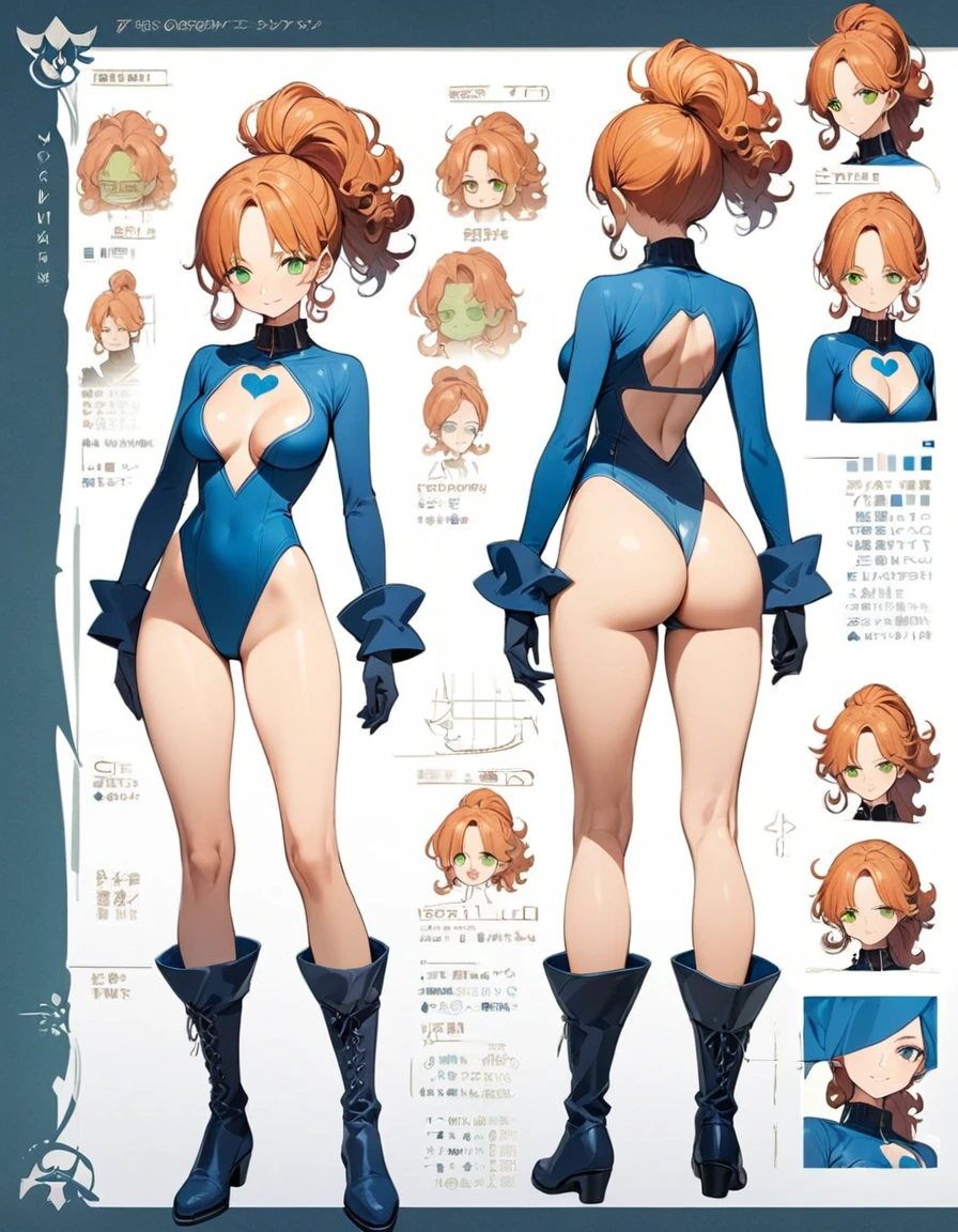 ((masterpiece)), (((best quality))), (character design sheet, same character, front, side, back), Illustration, (masterpiece), (best quality), (high res), 1lady, tall body, beautiful detailed eyes, beautiful detailed face, smiling, somber face, soft features, freckles, (perfect hands), complete fingers, perfect anatomy, perfect proportions, ((ginger hair, curly hair, ponytail)), ((green eyes)), ((tight leotard, one piece leotard, light blue leotard, sky blue leotard, blue theme, all blue costume, cheeky leotard, bare legs, thong leotard, matching leotard, long tight sleeve, heart-shaped boob window, cleavage, tight turtle-neck collar, navy blue stockings on legs)), ((boots, matching boots, skin tight boots, tight ankle-high boots, navy blue boots)), breasts, medium breasts, perky breasts (full body portrait), solo, solo focus, standing, character sheet, multiple angles, wearing the same clothing for each angle, identical look per angle, (long sleeves, navy blue gloves), (navy blue heart symbol on chest), full body costume design. (simple background, white background: 1.3) ,--6