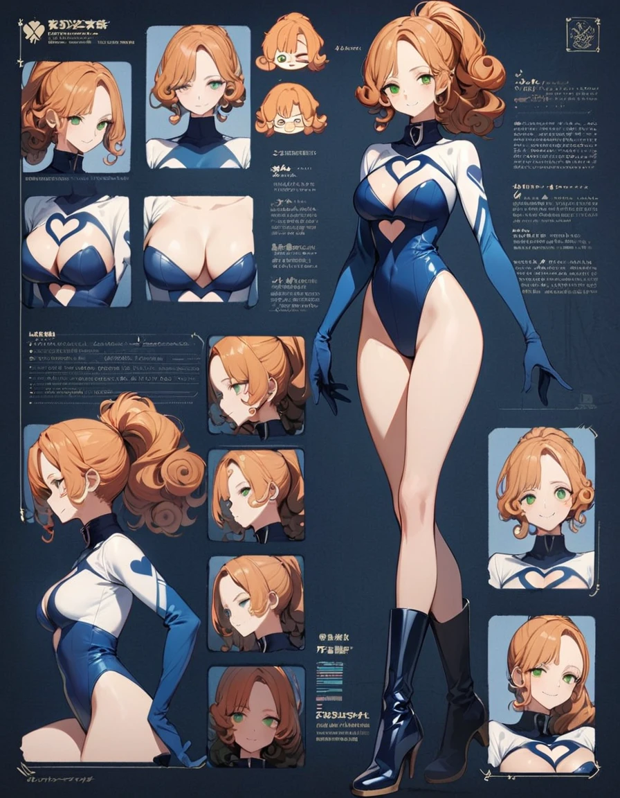 ((masterpiece)), (((best quality))), (character design sheet, same character, front, side, back), Illustration, (masterpiece), (best quality), (high res), 1lady, tall body, beautiful detailed eyes, beautiful detailed face, smiling, somber face, soft features, freckles, (perfect hands), complete fingers, perfect anatomy, perfect proportions, ((ginger hair, curly hair, ponytail)), ((green eyes)), ((tight leotard, one piece leotard, light blue leotard, sky blue leotard, blue theme, all blue costume, cheeky leotard, bare legs, thong leotard, matching leotard, long tight sleeve, heart-shaped boob window, cleavage, tight turtle-neck collar, navy blue stockings on legs)), ((boots, matching boots, skin tight boots, tight ankle-high boots, navy blue boots)), breasts, medium breasts, perky breasts (full body portrait), solo, solo focus, standing, character sheet, multiple angles, wearing the same clothing for each angle, identical look per angle, (long sleeves, navy blue gloves), (navy blue heart symbol on chest), full body costume design. (simple background, white background: 1.3) ,--6