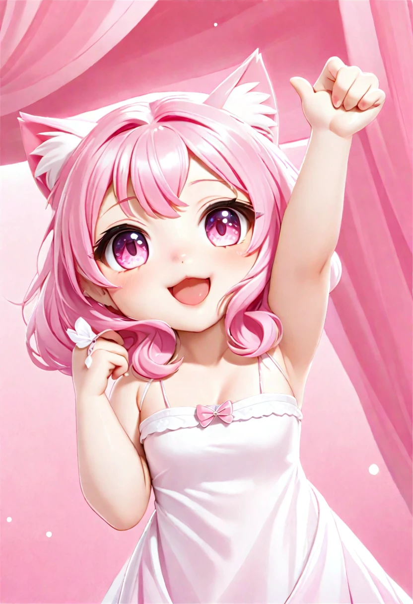 cat girl, chibi, Princess Girl, Pink hair, pink eyes, Princess' dress, reaches for the sign, which hangs on the cherry blossoms, Sakura tree, Rendering, Anime background art, winner of the pixiv competition, Anime girl with cat ears cute!! chibi!!! cat girl, милый anime cat girl, with index finger, Nekomimi, anime cat girl!, cat girl, chemonomics, run, furry фураффинность, masterpiece, top quality, Best quality, official art, Beautiful and aesthetically pleasing:1.2), 2D, (Best quality, masterpiece), anime, (very detailed face), (very detailed eyes), White background, Ideal lighting, Princess Girl