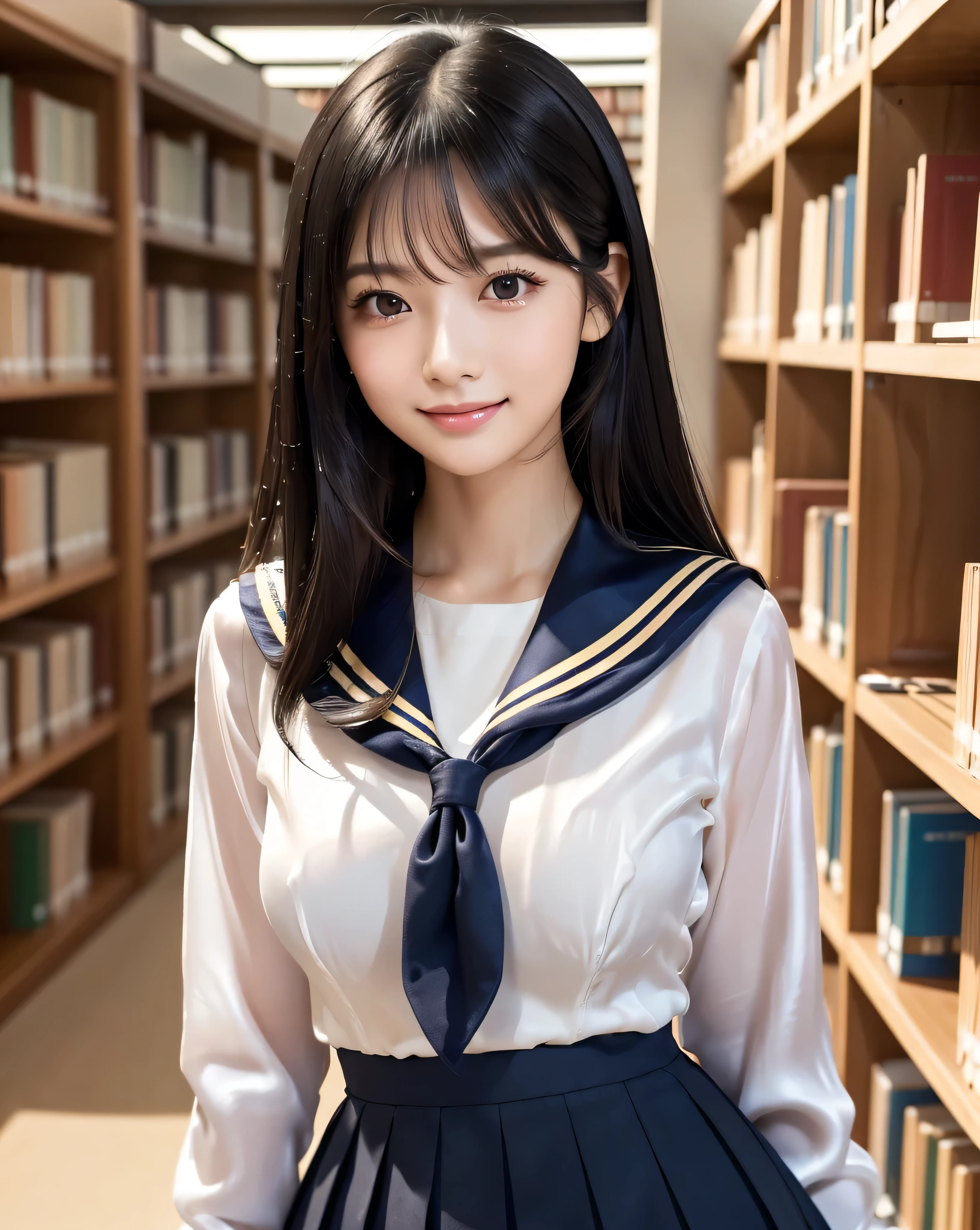 (highest quality, 32k, High resolution, masterpiece:1.5, ), marimo_jet, Beautiful Japanese Girls, ((An honors student sitting and studying in the University Library:1.4)), An exceptionally beautiful face, Small Face Beauty, Perfect Human Anatomy, Magical big eyes, Motherhood and generosity, Deep Love, A profile with a fleeting smile, ((Shiny black hair:1.3), (Beautiful super long straight silk hair)), Asymmetrical bangs, Hair between the eyes, Transparent, soft white skin, Sharp eyebrows, Thin lashes, Natural Makeup, Cheek highlighter, Pale pink detailed lips, ((High school girl sailor suit:1.2)), ((:Navy pleated skirt 1.4)), Slim figure with ample breasts, High resolutionの美しい太もも, ((University Library)), Soft sunlight, Bright interior, Professional Lighting, Professional photographer, Professional models, mysterious