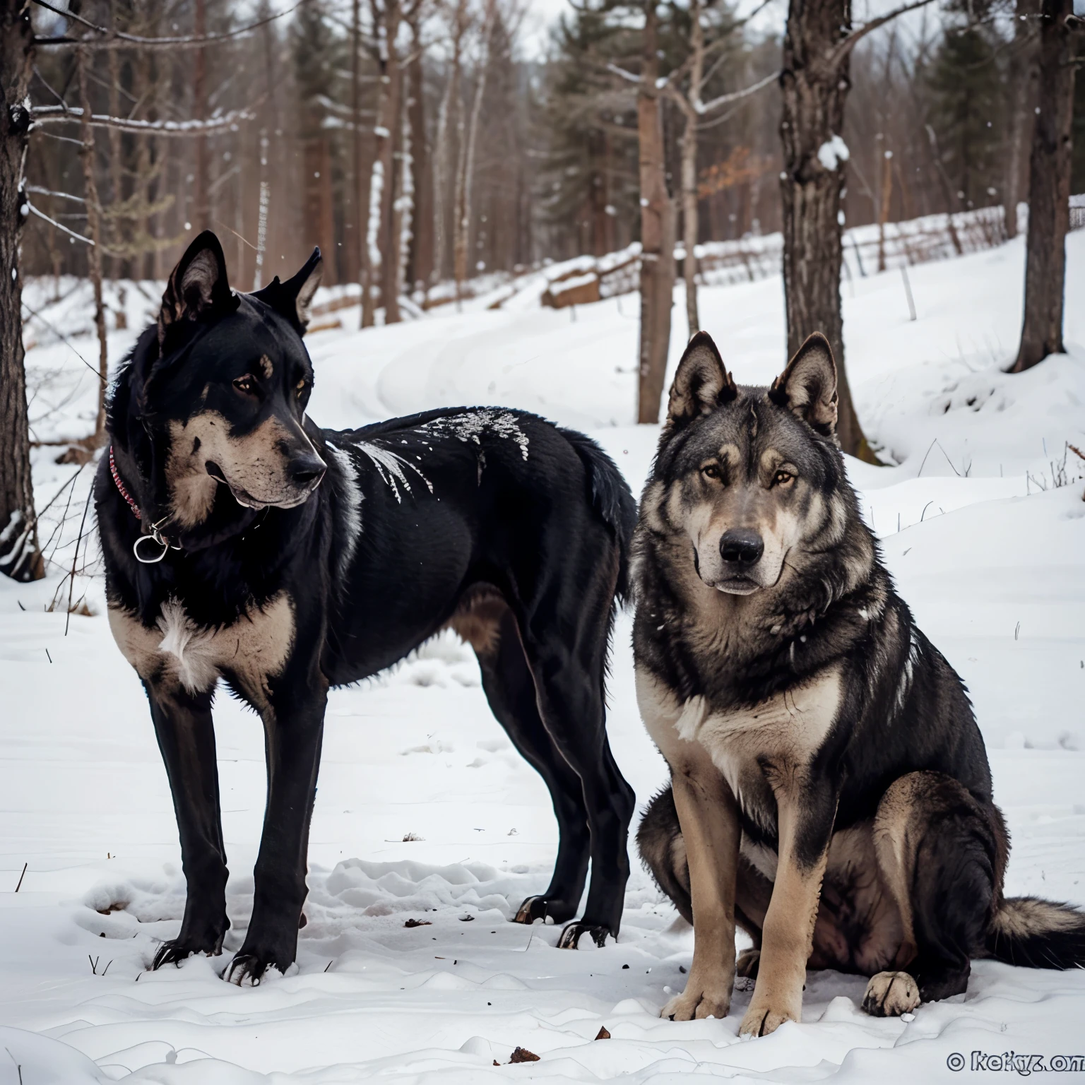 Great Dane next to a wolf where the wolf looks bigger than the Great Dane