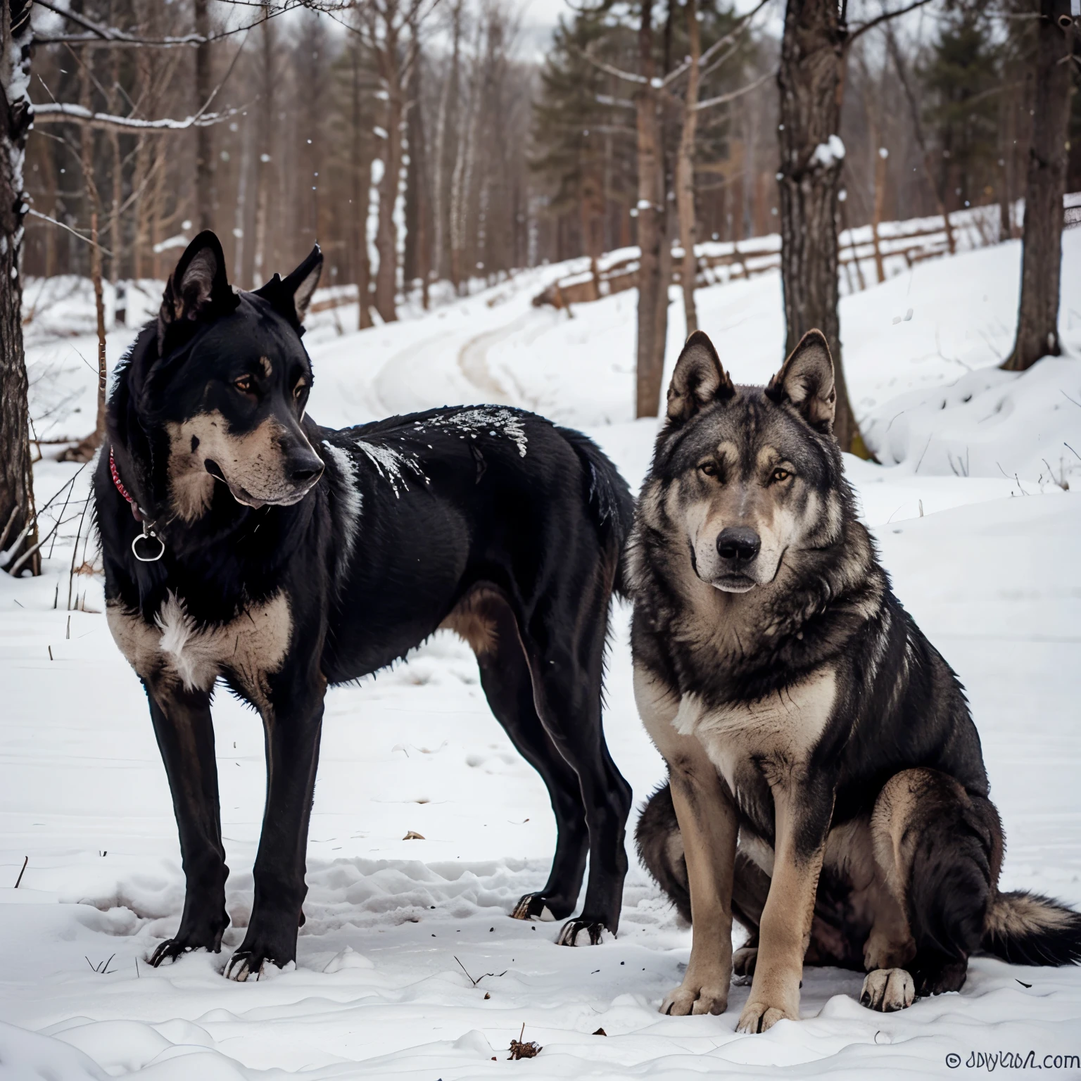 Great Dane next to a wolf where the wolf looks bigger than the Great Dane