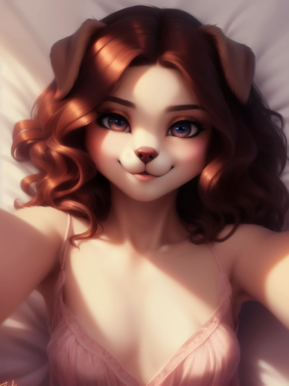 (source_e621), A beautiful and detailed (sweet portrait), ((anthro domistic dog)), anatomically correct, Schlank, small breasts, Hochgeladen E621, detailed flauschige fur, (von Fluff-Kevlar, Bayard Wu, personalami, Pino Daeni), 1girl, super tight off shoulder sun dress, adorable , facing viewer, bed, missionary position, 1girl, realistic, ultra sharp image, view from above, (solo), first person view, cleavage, masterpiece, lying on her back, (kissy face), (Kissing mouth), perfect eyes, bellybutton, absurd resolution, loving gaze, wavy hair , arms raised, 