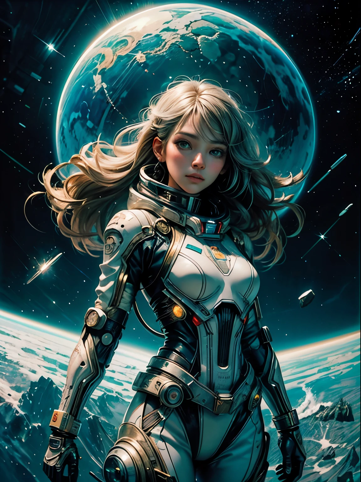 tmasterpiece,1 monk warrior girl with white tech suit clothes,White long hair,laces,abstract vintage scifi background,art by Moebius,Ashley Wood's art,dynamicposes,Wandering Earth,Space Starry Sky