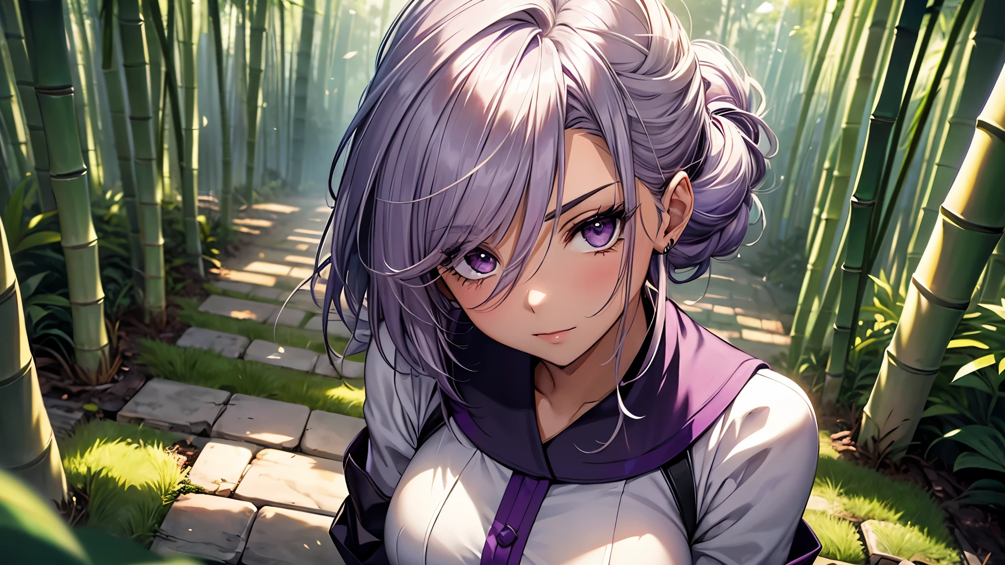 (aerial view), mujer madura, 1 chica, (obra maestra, Mejor calidad, ultra detallado), sharp focus, cara detallada, enfoque facial, ojos extremadamente detallados, pelo largo, trenza de corona, pelo sobre el hombro, (Silver and purple hair:1.3), ojos morados, long eyelashes, (ebrio:1.2), maquillaje delicado, pechos grandes, ((vestido intrincado rosa y blanco, hombros descubiertos, escote)), ((twilight, sosteniendo sake en una mano, bamboo shoots background, grass, green particles surround, Brisa)), cinematic lighting, rayo de borde, trazado de rayos, sombra, dynamic angle