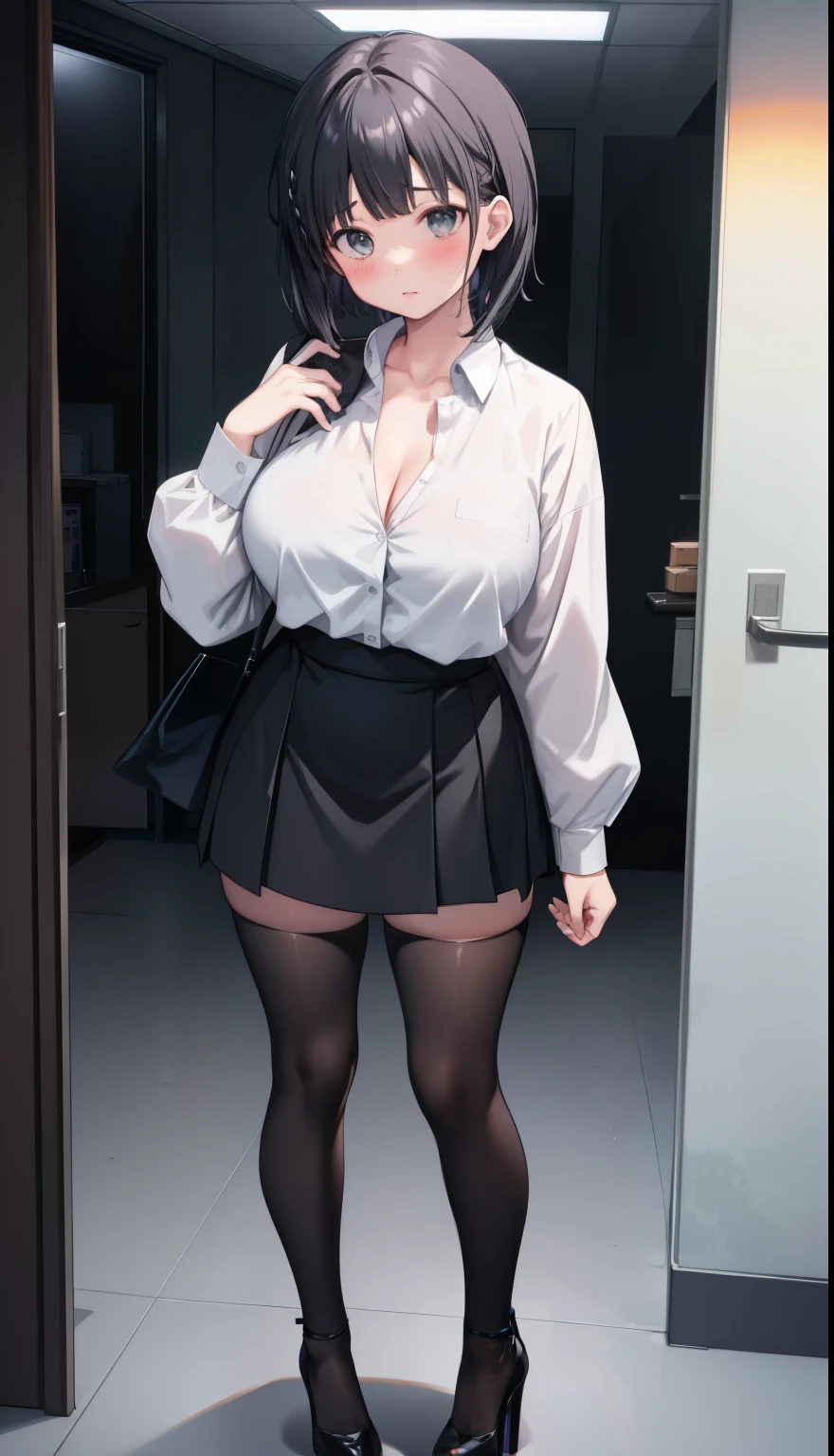 One Girl、positive、Standing posture、Full body portrait、Black Hair、Medium Haircut、blush、Absolute area、Black knee-high socks、Knee-length、stockings、Black Pantyhose、White underwear、Light blue shirt、Blue-gray business suit、Grey tight mini skirt、Japanese office lady、Summer clothes、nightの歓楽街、night、（Very large breasts）、Cleavage、open chest shirt、((Lesbians around the world))、masterpiece、（highest quality）、
Panties around the ankles、Black high heels、Shirt buttons fly off、Unbutton your shirt、No underwear