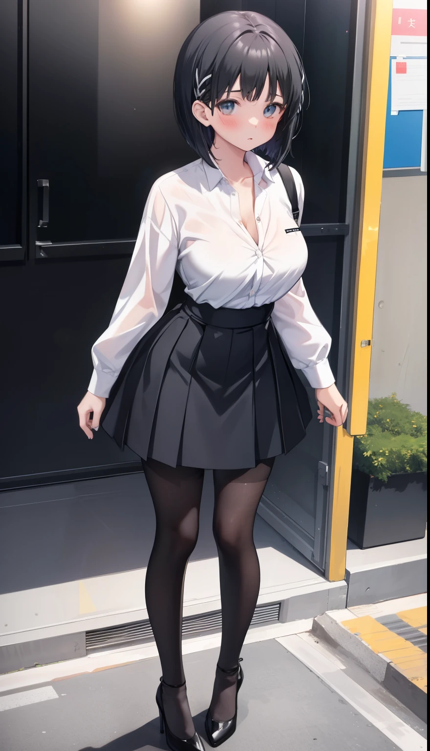 One Girl、positive、Standing posture、Full body portrait、Black Hair、Medium Haircut、blush、Absolute area、Black knee-high socks、Knee-length、stockings、Black Pantyhose、White underwear、Light blue shirt、Blue-gray business suit、Grey tight mini skirt、Japanese office lady、Summer clothes、nightの歓楽街、night、（Very large breasts）、Cleavage、open chest shirt、((Lesbians around the world))、masterpiece、（highest quality）、
Panties around the ankles、Black high heels、Shirt buttons fly off、Unbutton your shirt、No underwear