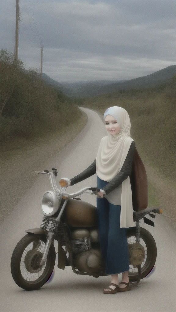 Hijab Mom old tall motorcycle road sky