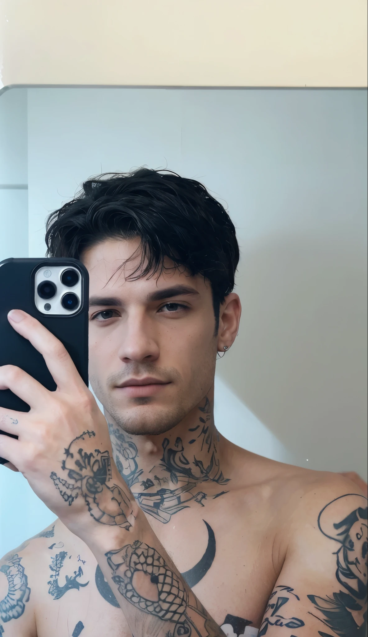 arafed man con tatuajes taking a selfie in a mirror, estilo de seb mckinnon, inspirado en Luca Zontini, con tatuajes, entintado, raphael personnaz, inspirado en Hedi Xandt, inspirado en Seb McKinnon, headshot foto de perfilture, Mateo 9 5, foto de perfil, tatuajes en el cuello, imagen de perfil, enes dirig