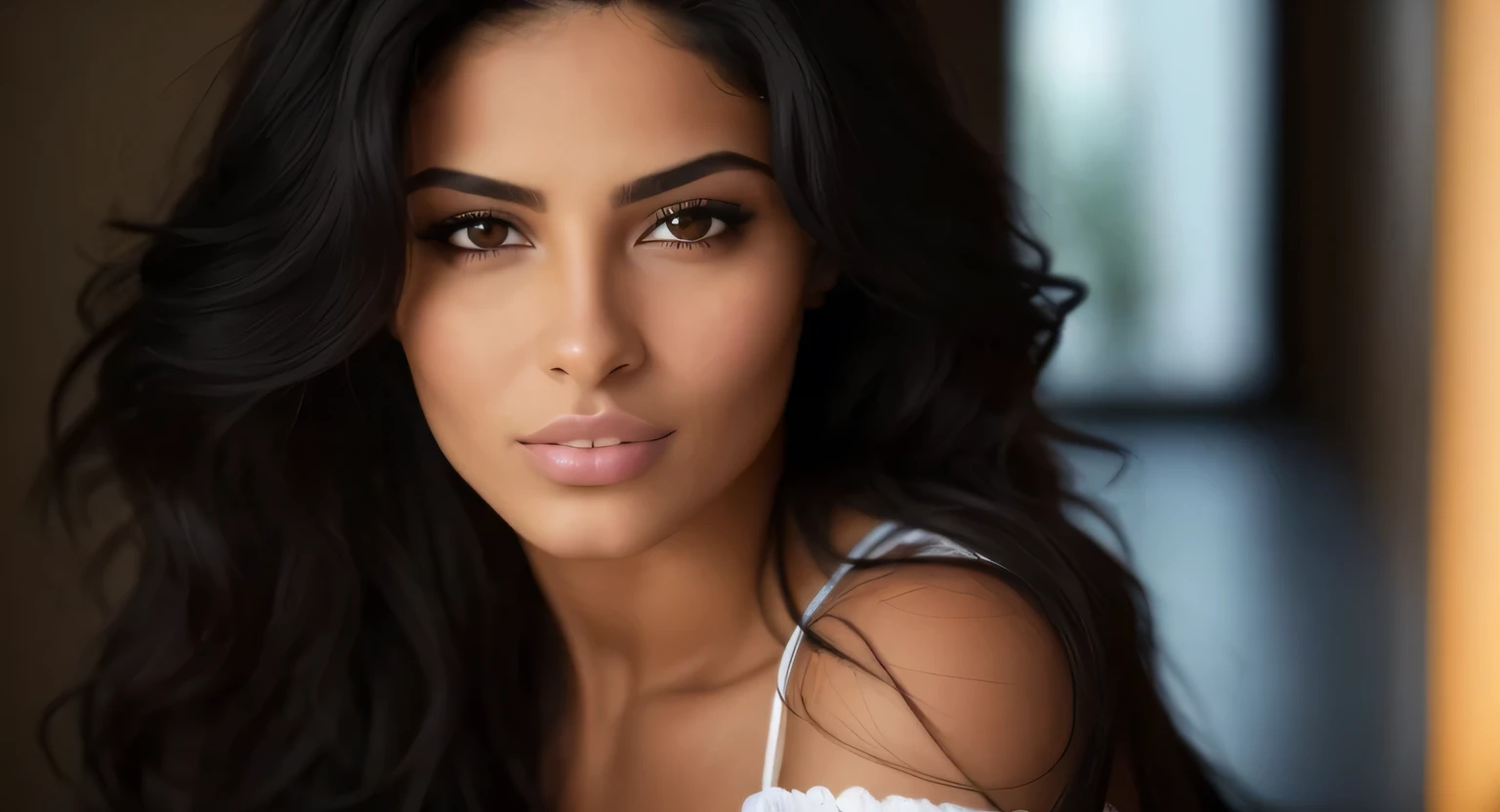 Mulher arafada 4k com longos cabelos pretos e blusa branca, lindo rosto latina, foto de uma linda mulher, bela jovem, linda mulher, linda mulher mexicana, flawless brown skin, linda linda mulher, Mulher atraente, mulher jovem e atraente, rosto lindo e pele perfeita, retrato de uma bela modelo, linda modelo feminina, very bela jovem, lindo rosto atraente, horny guy, rosto sexy, biting the lips