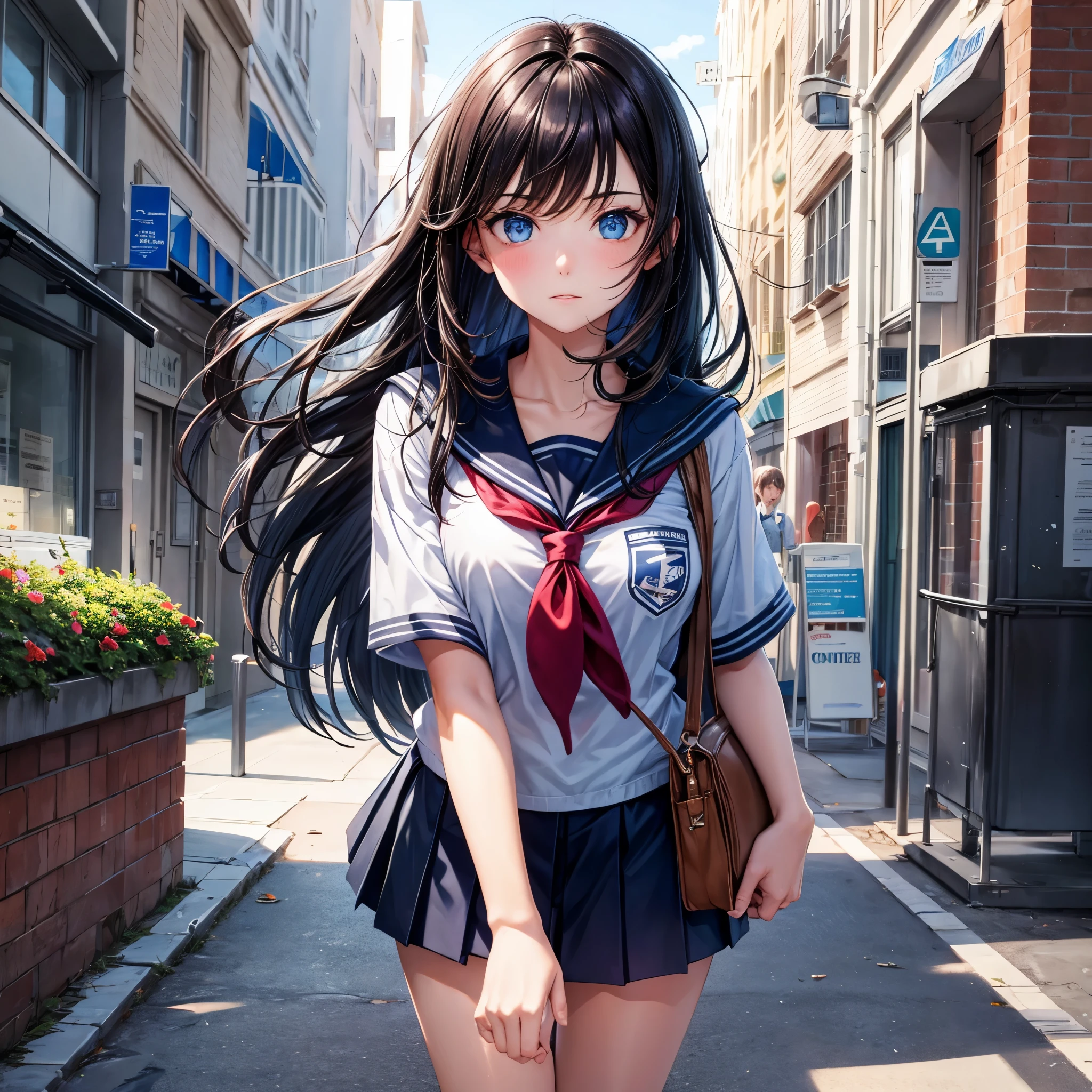 girl with dark hair and blue eyes at school