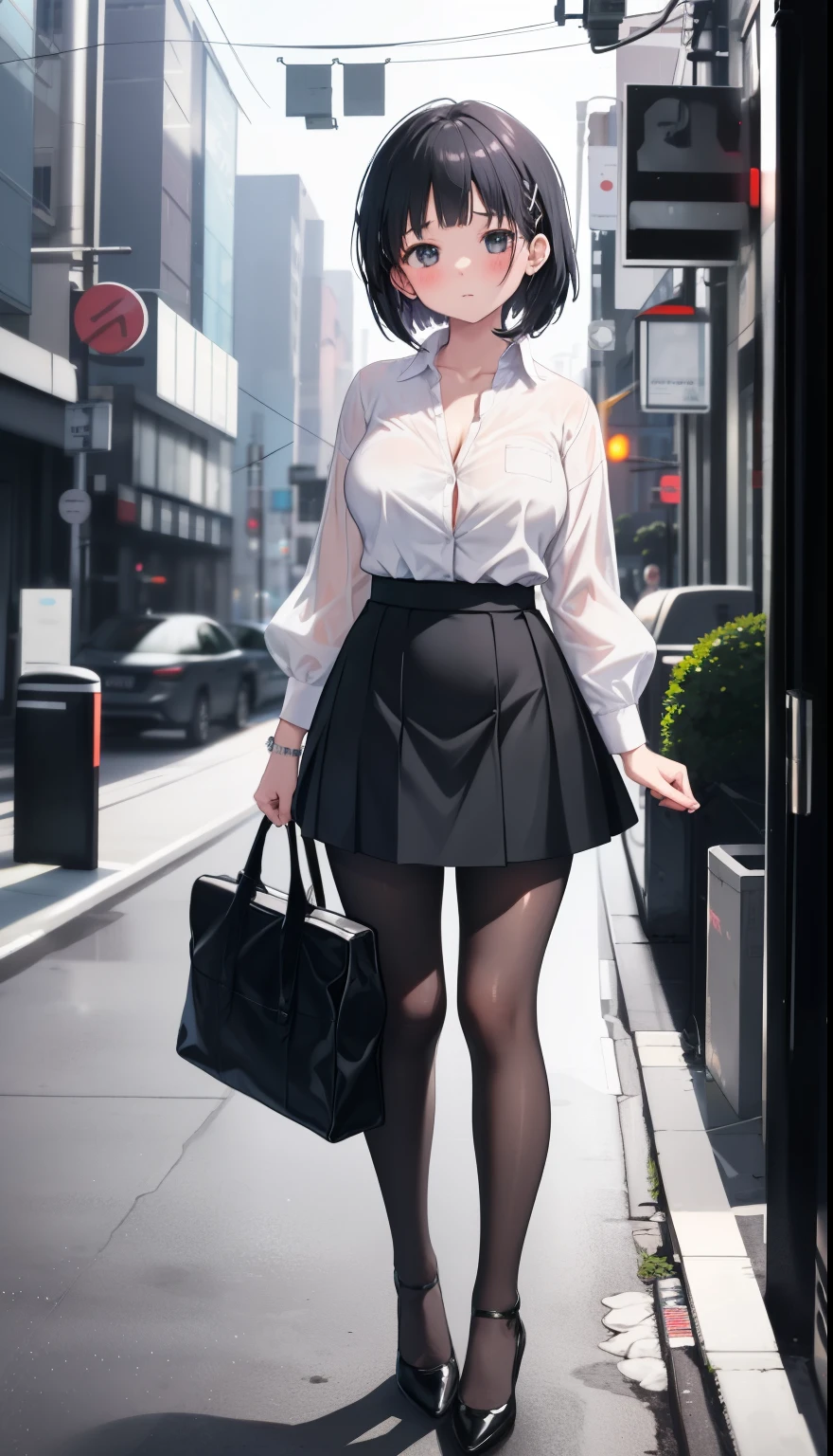 One Girl、positive、Standing posture、Full body portrait、Black Hair、Medium Haircut、blush、Absolute area、Black knee-high socks、Knee-length、stockings、Black Pantyhose、White underwear、Light blue shirt、Blue-gray business suit、Grey tight mini skirt、Japanese office lady、Summer clothes、nightの歓楽街、night、（Very large breasts）、Cleavage、open chest shirt、((Lesbians around the world))、masterpiece、（highest quality）、
Panties around the ankles、Black high heels、Shirt buttons fly off、Unbutton your shirt、Take off your pants