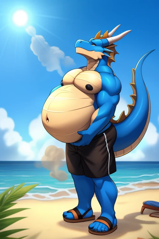 Buff dragon with oversized inflated beige stomach ,high blue, big bellybutton,Blue back, Black shorts,sandals,Standing on the beach in a ready to fart position and farting out a huge gas cloud。