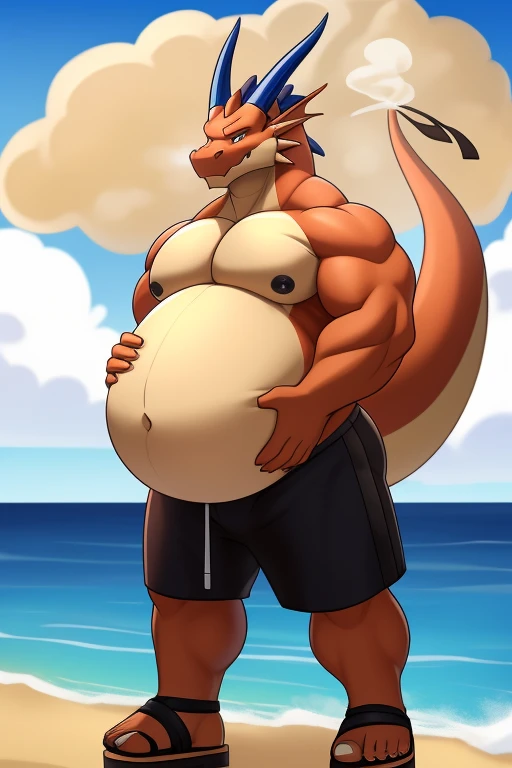 Buff dragon with oversized inflated beige stomach ，high blue, big bellybutton，Blue back, Black  shorts，sandals，Standing on the beach in a ready to fart position and farting out a huge gas cloud。