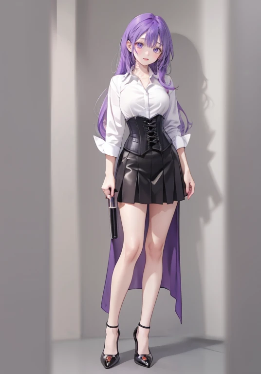 Purple hair,long hair,Adult female,(Bartender),((Rolling up your sleeves shirt)),(Corset),(Tight skirt),(high heels),((Simple background)),Smile,((Full body)),((whole body)),Character Sheet,