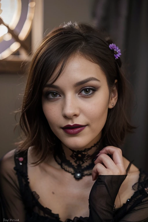 25 ans, brune, yeux marrons, delicate, professional light, flash lit, sexy, cheveux de longueur moyenne, grains de beauté, sourire romantique, Seductive look, pose coquine, bonne couverture, éclairée par les flashs des photographes, skin details, pores de la peau, visage fin, cheveux long, yeux marrons, HD, 8K, masterpiece, sourire romantique, sexy, mascara noir, maquillage noir, black lips, tenue gothique, vêtements noirs et violets, toile d'araignée en dentelle, corset en cuire, fleures violettes dans les cheveux, maquillage violet, cheveux noirs et violets, bodypainting, purple paint, dracula, full purple and black bodypainting