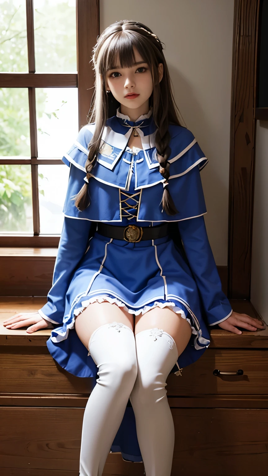 (masterpiece), (best quality), (ultra-detailed), ultra resolution, (extremely delicate and beautiful fabric), 8k:1.2, 1girl, lawine, very long hair, bangs, blue eyes, grey hair, braid, low-tied long hair,boots, thighhighs, thigh boots, long sleeves, dress, frills, capelet, blue dress, blue capelet
