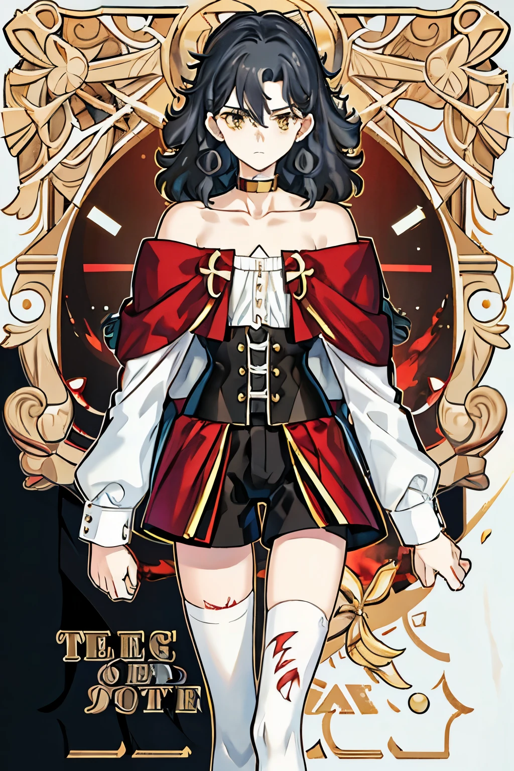 (masterpiece), best quality, expressive eyes, perfect face, black hair, long hair, (((curly hair))),  (((androgynous))), shorts, black corset, corsage, yellow eyes, pale skin, eyelashes, thigh gap, black thighhighs, short shorts, red shorts, looking at viewer, flat chest, (((1boy))), standing up, messy hair, hair between eyes, sidelocks, off-shoulder shirt, collar, neck bell, collarbone, nice hands, perfect hands, ((scar on face))