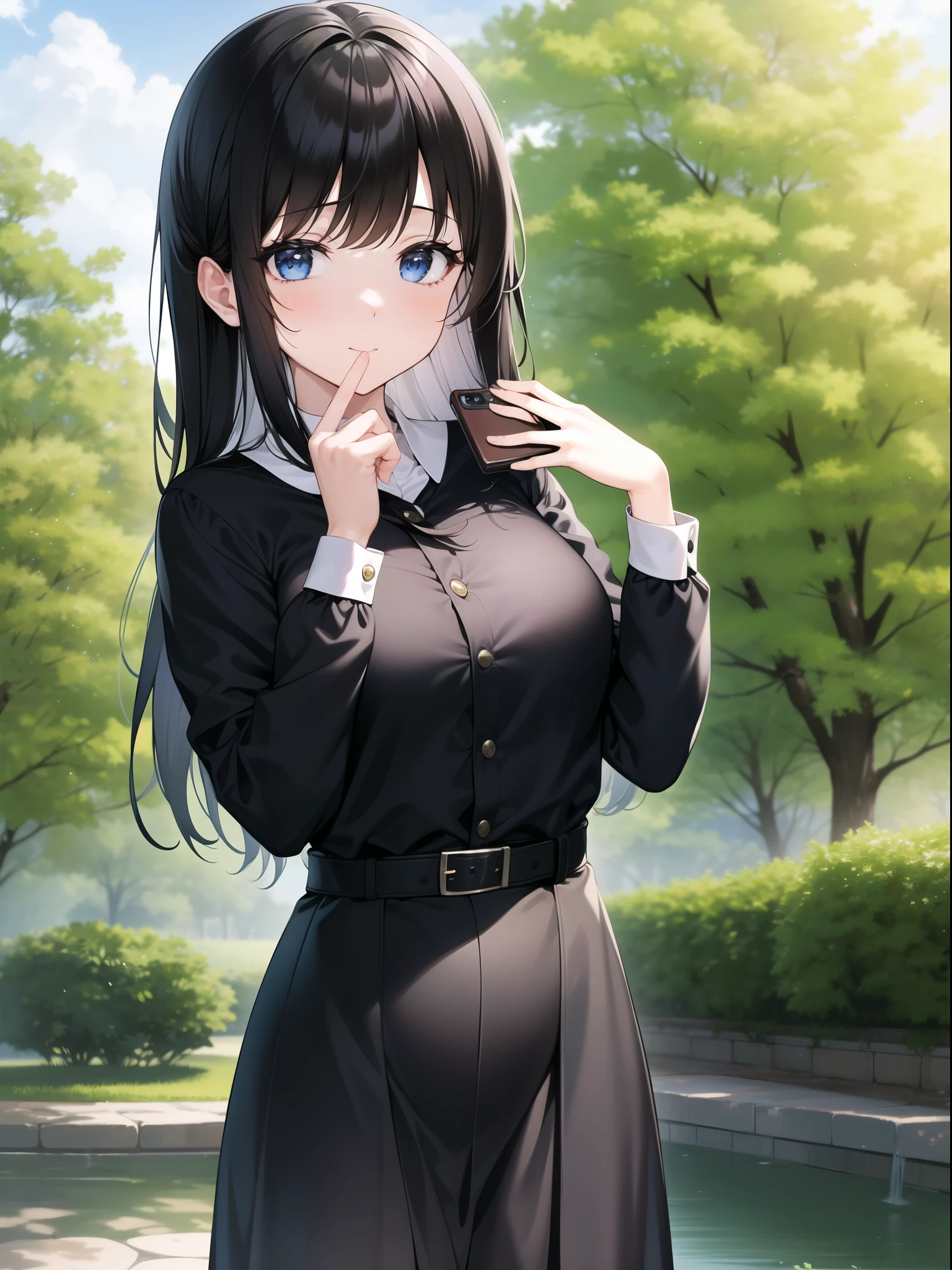 A girl taking a commemorative photo。Black Hair。