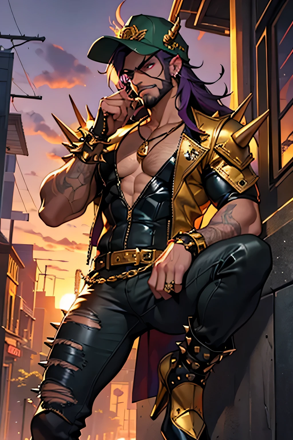 indian, very long dark purple hair, cracked tinted sunset small circular sunglasses, leather dark green bodysuit spikes,very spiky shoulder pads with gold plate, spiky gold knee pads with angry faces, muscle, boob window, cute cartoon cap hat with dragon faeatures, gold high heels with spikes, ripped bodysuit pants to show skin, zippers on pants, chest hair, cleavage dragon teeth necklace, spikes, rips, zippers, sunset iris eyes shiny, playful, male, masucline, full finger golden rings, tight clothing, golden chains, belt, gold jewelery , side beard, gold piercings, gold rings, leather gloves