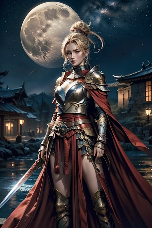 A female warrior wearing metallic red and gold armor and a blue cloak、Sengoku Warlords、battlefield、In combat、Blonde updo、Three red dots on the forehead、(Holds two long swords)、Two sheaths on the waist、Confident face、Looking from above、very beautiful、A beautiful woman、Highly detailed costume、8K,highest quality, masterpiece、Ultra-high resolution、Portrait, Official Art、1 girl、Beautiful woman with perfect body、Full body image, Glowing Skin、(Glossy lips、Highly detailed face and skin texture、Detailed Eyes、double eyelid)、Sharp long legs、City wall in background、night、Starry Sky、full moon