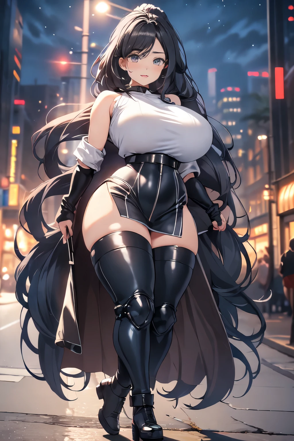 beautiful, alone, 1 chubby woman, long hair tied in a ponytail, black hair, blue highlights at the ends of her hair, silver eyes (detailed eyes), determined look, embarrassed expression, red lips (perfect lips), wide hips, potato thick leg, black leather jumpsuit, peased skirt, long fur cape, futuristic, cyberpunk, cinematic angle, cinematic lighting, artwork, best quality, nsfw, crotch rubbing