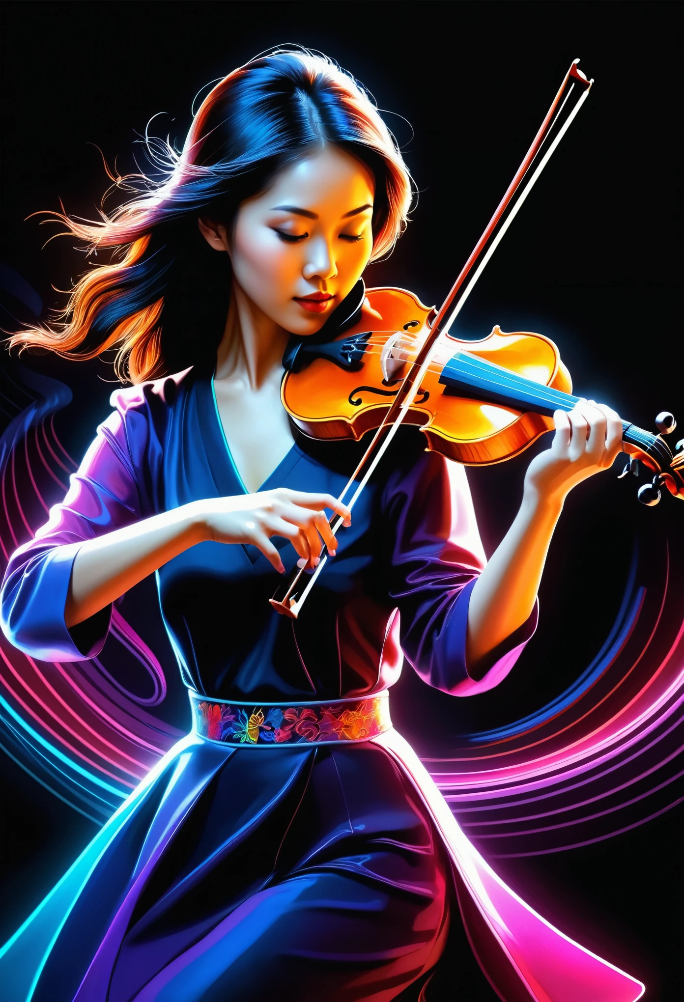 Neon illustration of an Asian woman playing the violin, detailed black background, colorful, beautiful, elegant, highly detailed, high quality, in the style of clipart.
