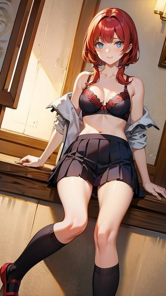 An anime girl with red hair and blue eyes wearing a skirt and an open shirt revealing a black and red bra