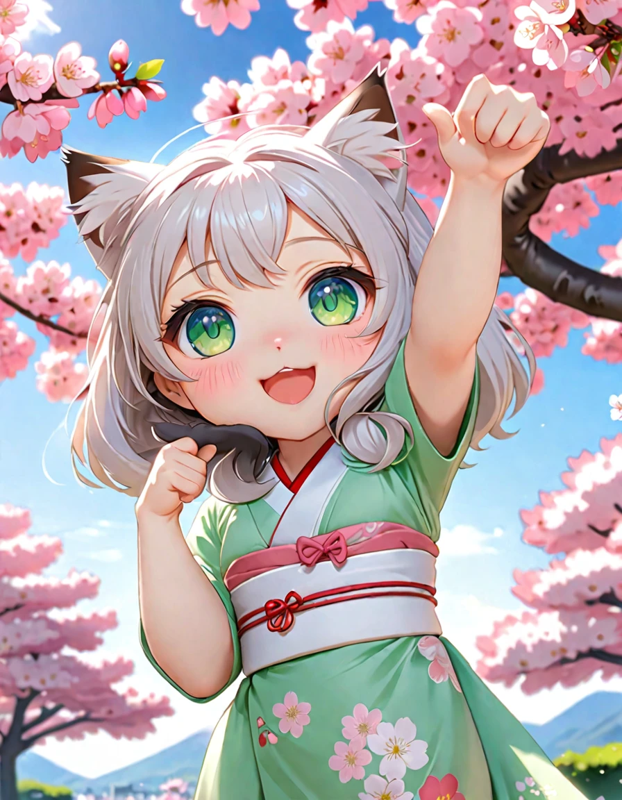 cat girl, chibi, Princess Girl, black hair, green eyes, kimono, reaches for the sign, which hangs on the cherry blossoms, Sakura tree, Rendering, Anime background art, winner of the pixiv competition, Anime girl with cat ears cute!! chibi!!! cat girl, милый anime cat girl, with index finger, Nekomimi, anime cat girl!, cat girl, chemonomics, run, furry фураффинность, masterpiece, top quality, Best quality, official art, Beautiful and aesthetically pleasing:1.2), 2D, (Best quality, masterpiece), anime, (very detailed face), (very detailed eyes), White background, Ideal lighting, девочка в kimono