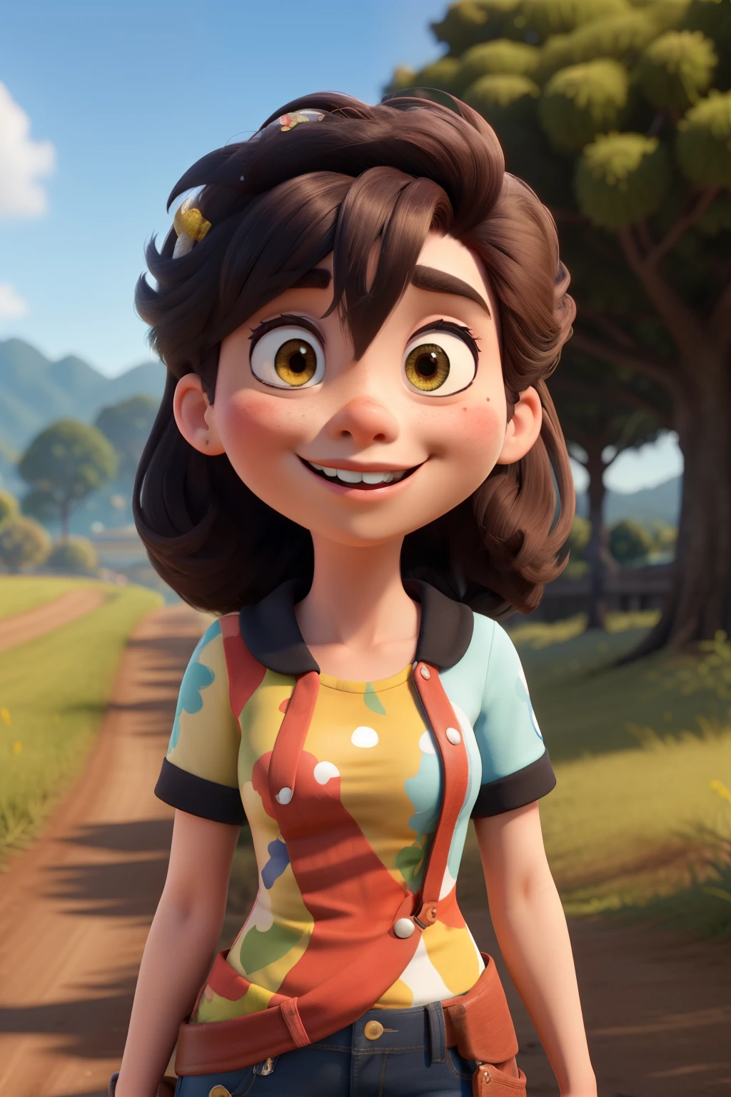 ((melhor qualidade)), ((Obra de arte)), (detalhado), , de vestido, cabelo preto, com bolsa, em uma estrada florida, feliz sorrindo, estilo desenho pixar