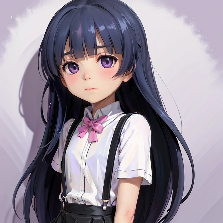 (furude rika, Blue Hair, Purple eyes, White shirt, Pink ribbon, suspenders, Black Skirt), (woman), ((Black and White)),Artistic, ((monochrome)), elegant, Classic, contrast, shadow, Light and shadow, luxury, Sophistication, Silence, simple, beauty, Sculptural, Dramatic, mysterious, sentimental, delicate, Timeless, 高contrast, Soft Focus, Gradation, depth, silhouette, Narrative, grace, Poetic, Nostalgic, modern,
