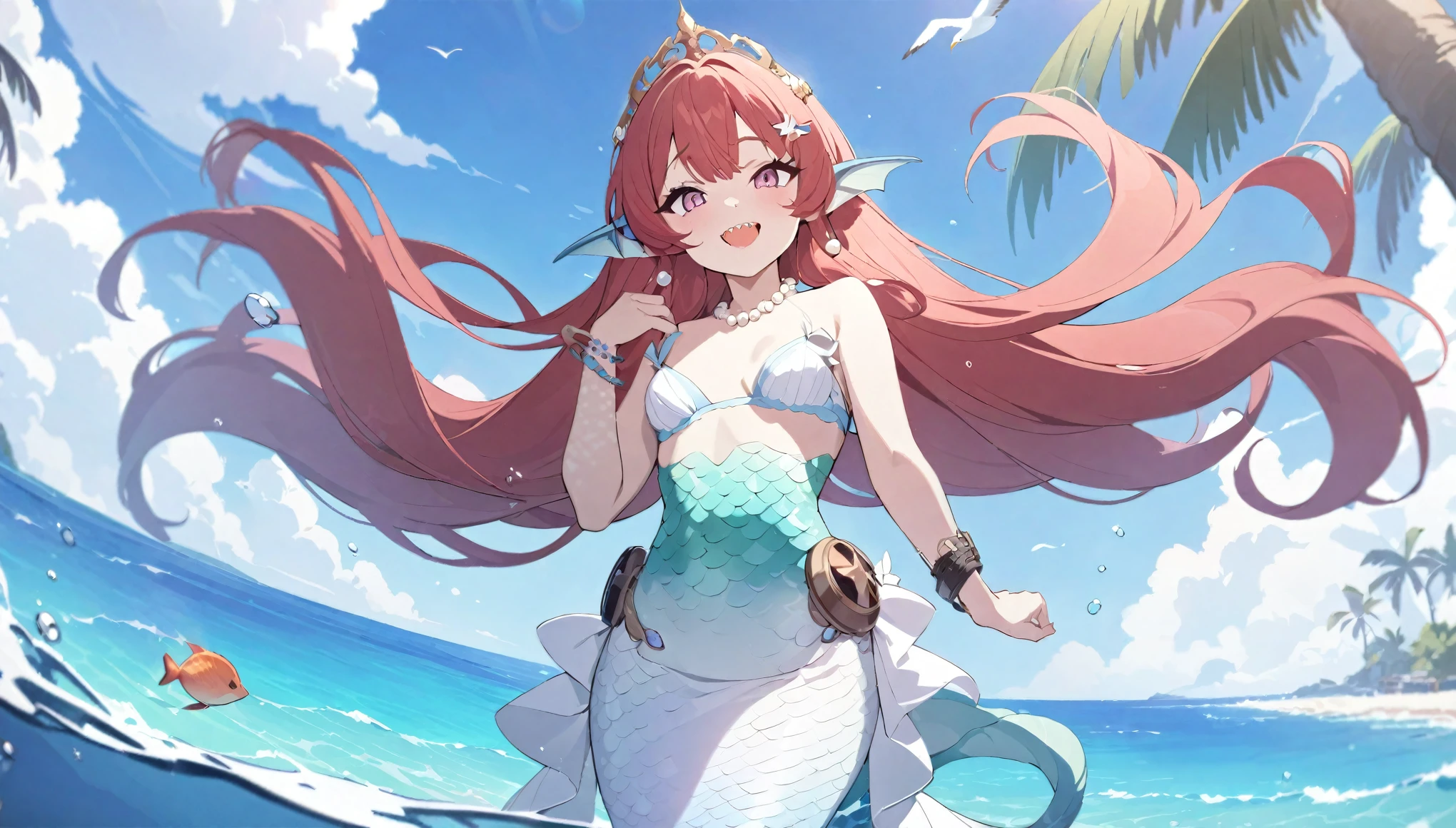 (best quality,4k,8k,highres,masterpiece:1.2),ultra-detailed, Pretty princess magically transformed into a beautiful mermaid, race swap, fantastic transformation, steampunk, long and detailed mermaid tail below waistline, long fins ears, shimmering red fish scales, drawn in anime style, very long twintails red hair, sharp teeth, is smiling, pink eyes, small breast, long pelvic fins, Dorsal fins on her back, pair of fish gills on the torso, seashells bra, starfish hair clips, pearl hair ornaments, pearl earrings and bracelets, pearl necklace, hair ribbons, gold tiara, resting on a sandy beach, new beautiful body,she’s smiling,embracing her new life has a mermaid, brushing her hair and holding a small mirror, ocean waves,sparkling water,coconut trees,seagulls,coral reef,vibrant colors,magical glow,shimmering scales,sea breeze,warm sunlight,joyful expression,island paradise,lush tropical plants,dynamic composition,soft and smooth lines,expressive facial features,gentle water reflections,serene atmosphere, Highly detailed, masterpiece, high quality, 4K.