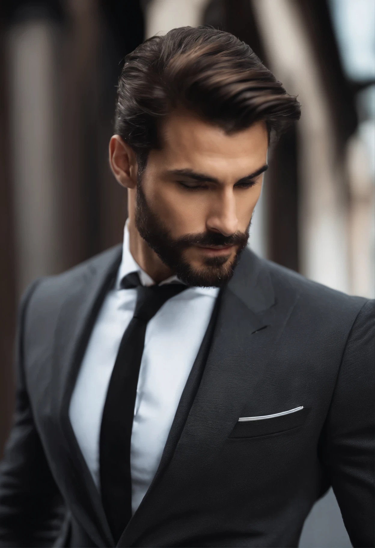 Make a handsome man from italy in his 30s in a black suit and tie, vd, brown hair and beard, (Man in black suit and tie), ), (Use long hear,) Attractive and serious look, short dark hair, Stylish and elegant, Suit-fit shave and strong body, (hightquality, Realistic images), Dark black and light on image background, Film Style, ((top-quality, 8K, ​masterpiece), ultra hi definition photo, (beautiful faces detailed, detail skin texture, hyperdetailed body:1.1)