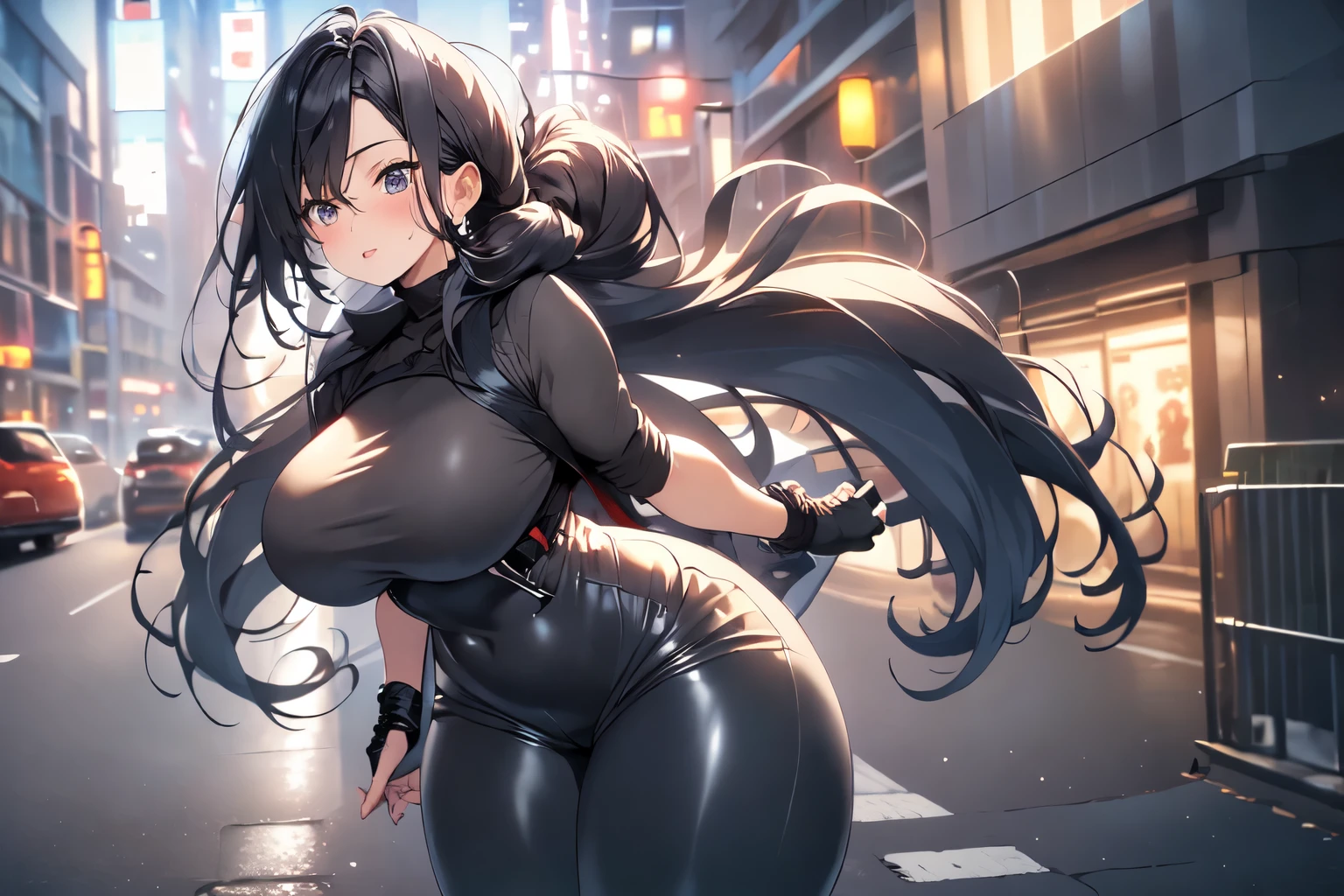 beautiful, alone, 1 chubby woman, long hair tied in a ponytail, black hair, blue highlights at the ends of her hair, silver eyes (detailed eyes), determined look, embarrassed expression, red lips (perfect lips), wide hips, potato thick leg, black leather jumpsuit, peased skirt, long fur cape, futuristic, cyberpunk, cinematic angle, cinematic lighting, artwork, best quality, nsfw, crotch rubbing