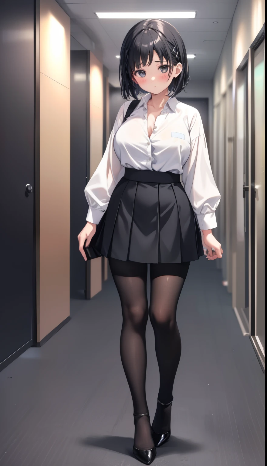 One Girl、positive、Standing posture、Full body portrait、Black Hair、Medium Haircut、blush、Absolute area、Black knee-high socks、Knee-length、stockings、Black Pantyhose、White underwear、Light blue shirt、Blue-gray business suit、Grey tight mini skirt、Japanese office lady、Summer clothes、nightの歓楽街、night、（Very large breasts）、Cleavage、open chest shirt、((Lesbians around the world))、masterpiece、（highest quality）、
Panties around the ankles、Black high heels、Shirt buttons fly off、Unbutton your shirt、Exposing the breasts