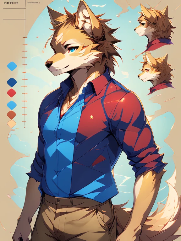 ( Absurdly , High quality , ultra detailed ) ,( hand detailed ) , 1boy, solo, teen, , (concept art, character sheet),absurdres(highly detailed beautiful face and eyes)perfect anatomy, (Male yellow-gold wolf), (((lean-body))) ((thin body)) (fit), (dark-blue eyes, (adventure, fantasy type clothing ((red-shirt, blue jacket, khaki pants))) (smiling (calm))