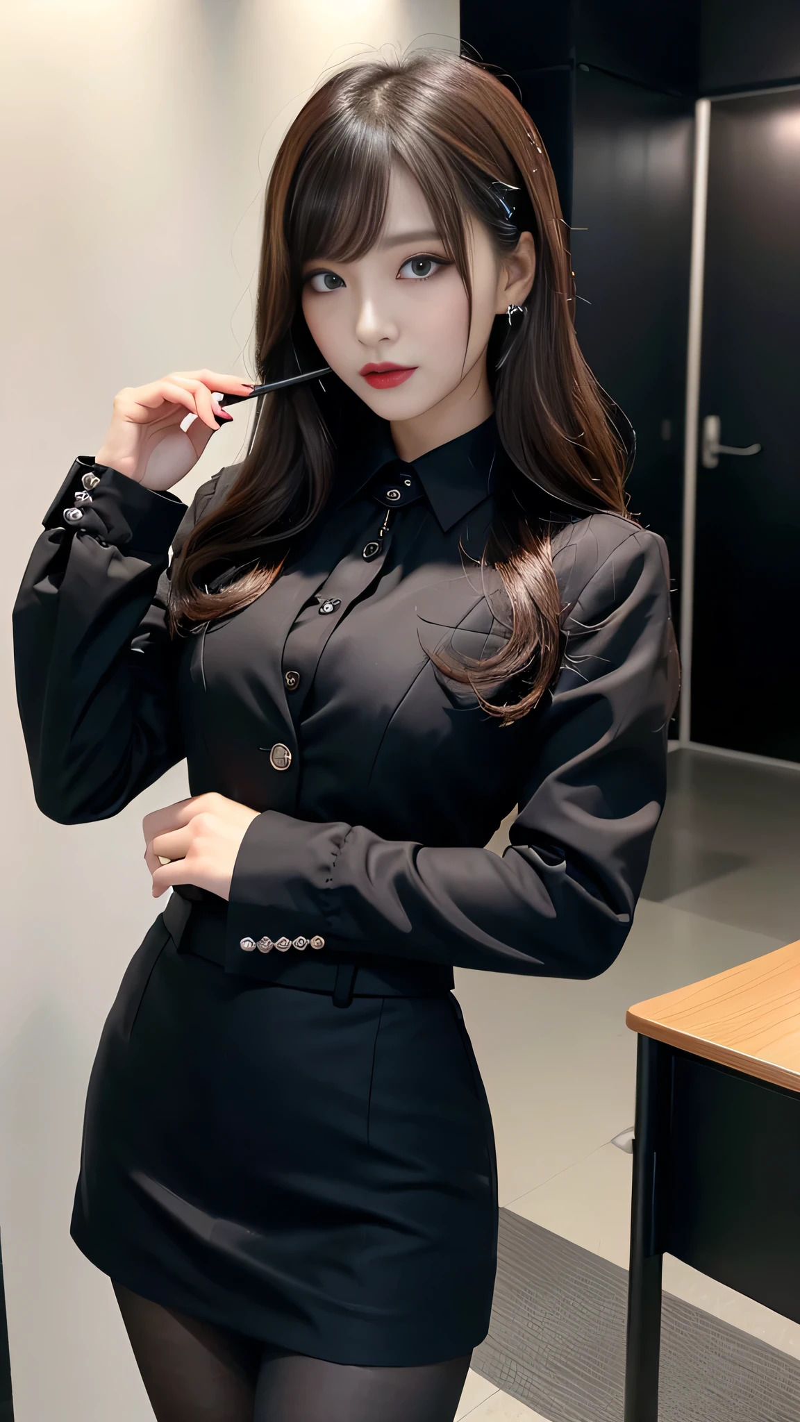 best quality、ultra-detailed、4k、Japanese、Seductive beauty、seductive adult woman、Pretty Woman、cool girl、Villainess、Brainwashed、brainwash、Fallen into evil、smirk、Evil look、Wicked Smile、evil、Brown hair、wavy hair、swept bangs、dark makeup、dark makeup、piercing eyes、hollow eyes,half-closed eyes、Hollow Eyes、purple Eyeshadow、black lipstick、black lipglos、office staff suit、suit、Jacket、Black sleeves、White Shirt、Black Ribbon、Tight Skirt、pantyhose、night、inside darkroom、Are standing、shoot from below、Have lipstick、Emblem of Evil、Crest of Darkness、Swear allegiance、I have pledged my allegiance、Dye black、Blackening、Stained with evil、Dyed in darkness、Seduce