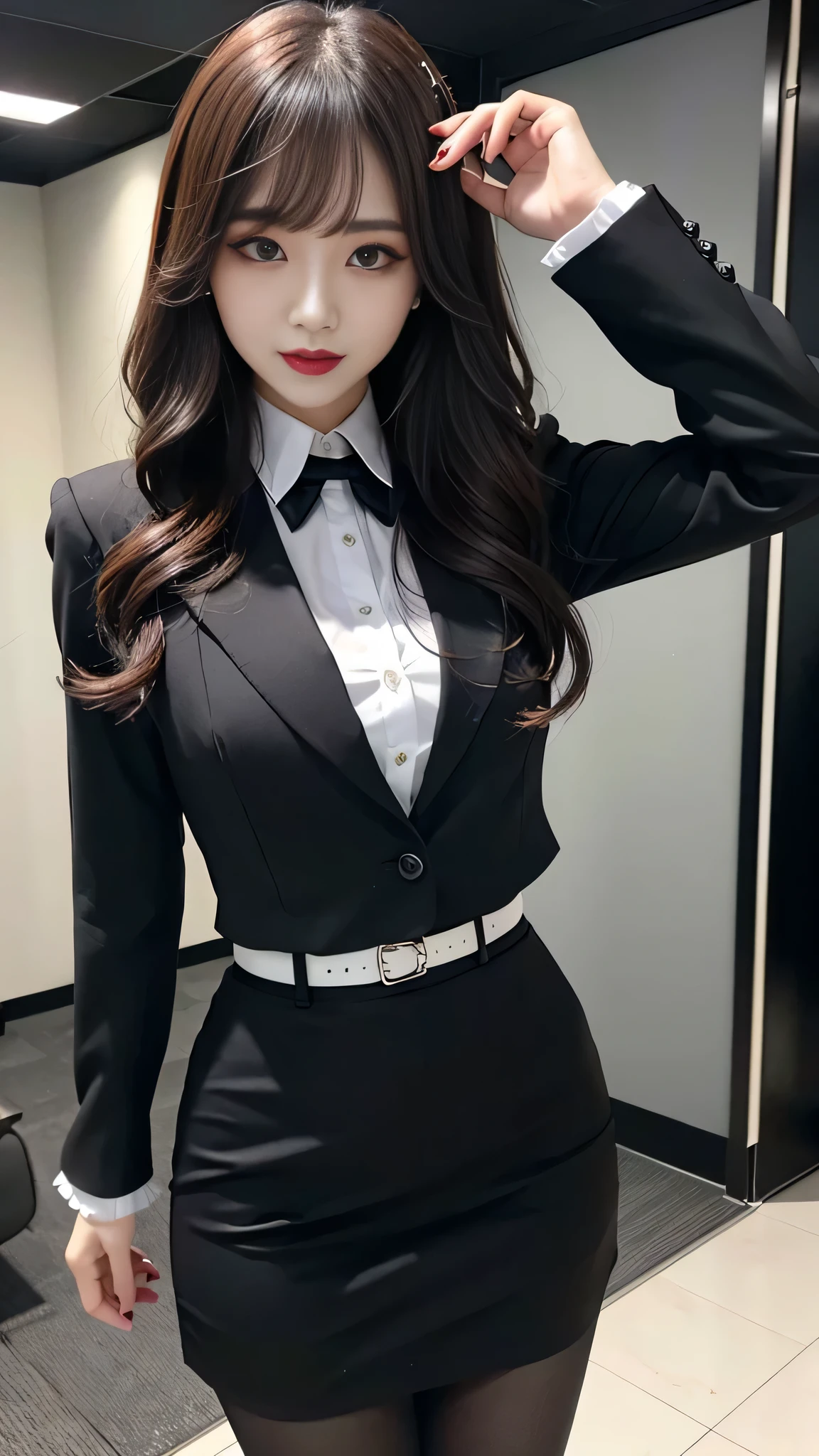 best quality、ultra-detailed、4k、Japanese、Seductive beauty、seductive adult woman、Pretty Woman、cool girl、Villainess、Brainwashed、brainwash、Fallen into evil、smirk、Evil look、Wicked Smile、evil、Brown hair、wavy hair、swept bangs、dark makeup、dark makeup、piercing eyes、hollow eyes,half-closed eyes、Hollow Eyes、purple Eyeshadow、black lipstick、black lipglos、office staff suit、suit、Jacket、Black sleeves、White Shirt、Black Ribbon、Tight Skirt、pantyhose、night、inside darkroom、Are standing、shoot from below、Have lipstick、Emblem of Evil、Crest of Darkness、Swear allegiance、I have pledged my allegiance、Dye black、Blackening、Stained with evil、Dyed in darkness、Seduce