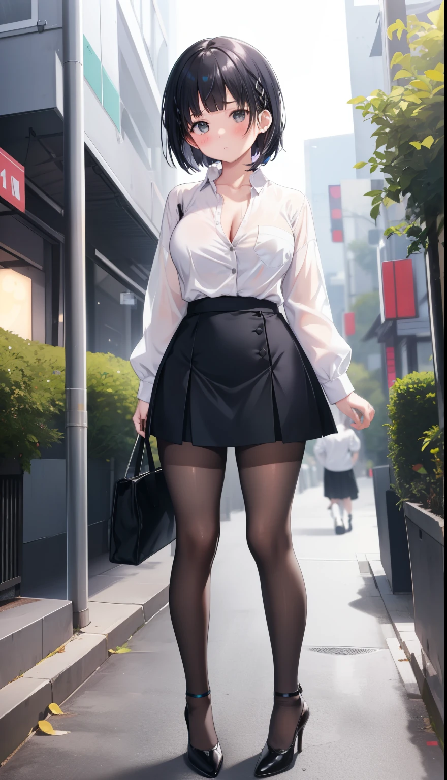 One Girl、positive、Standing posture、Full body portrait、Black Hair、Medium Haircut、blush、Absolute area、Black knee-high socks、Knee-length、stockings、Black Pantyhose、White underwear、Light blue shirt、Blue-gray business suit、Grey tight mini skirt、Japanese office lady、Summer clothes、nightの歓楽街、night、（Very large breasts）、Cleavage、open chest shirt、((Lesbians around the world))、masterpiece、（highest quality）、
Panties around the ankles、Black high heels、Shirt buttons fly off、Unbutton your shirt、Exposing the breasts