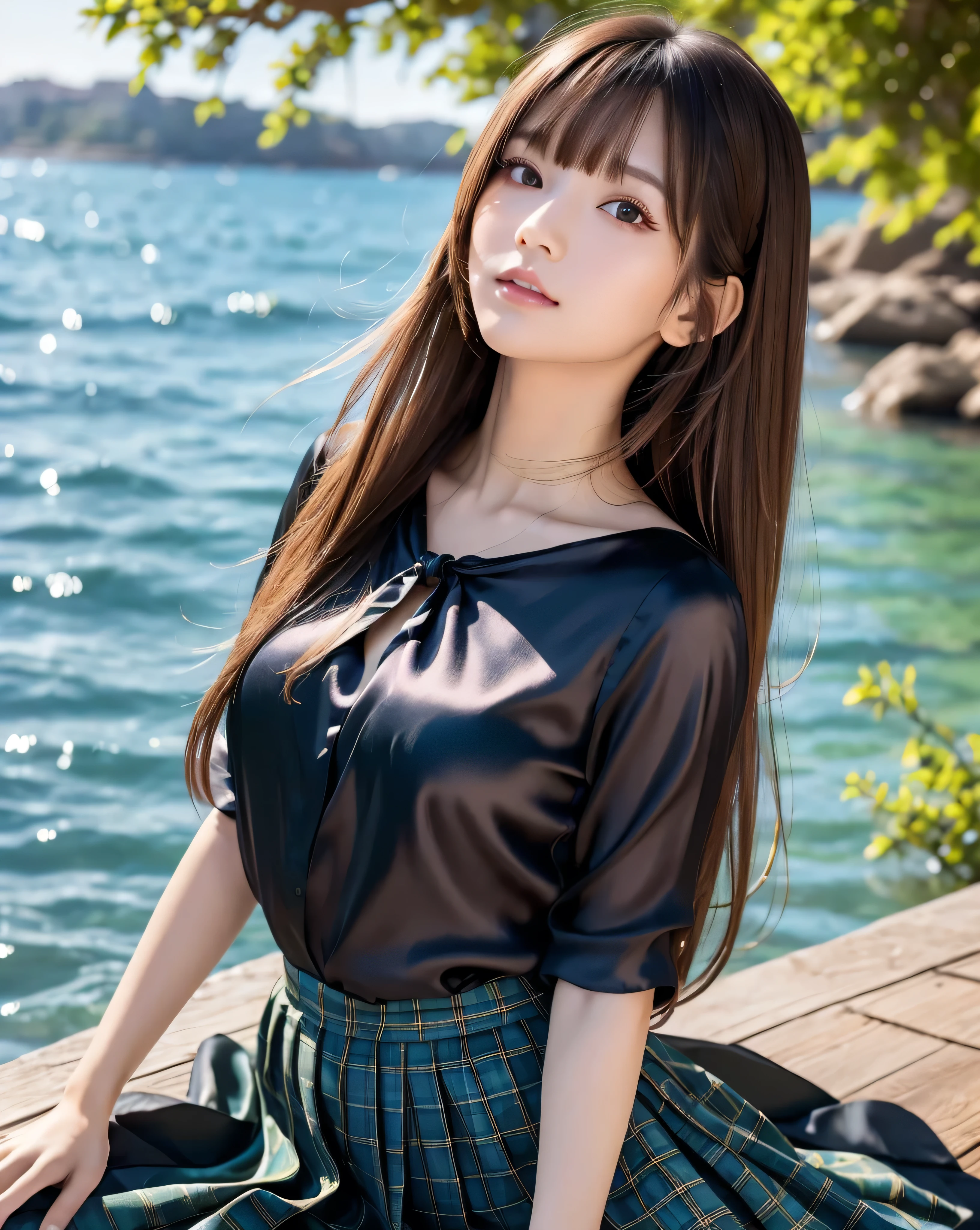 (highest quality, 32k, High resolution, masterpiece:1.5, ), Transparent air, The brilliance of youth, An award-winning masterpiece with incredible detail, Beautiful Japanese Girls, ((Low - Angle:1.3)), An exceptionally beautiful face, Small Face Beauty, Shiny brown hair, ((Beautifully arranged super long straight silk hair)), Asymmetrical bangs, Hair between the eyes, Beautifully trimmed, thin eyebrows, Magical big eyes, Moist black eyes, Clear double eyelids, Transparent, soft white skin, Sharp eyebrows, Thin lashes, Natural Makeup, Cheek highlighter, Pale pink detailed lips, Rich expression of emotions, Motherhood and generosity, (fleeting smile:0.7), ((Lightweight black silk blouse:1.0)), blue plaid pleated skirt, sit, ((Absolute area:1.4)), High resolutionの美しい太もも, (whole body:1.3), Parks by the sea, Beautiful, clear blue sea stretches to the horizon, The dazzling summer sunshine, detailed blue sky, Professional Lighting, Professional Photographer, Professional models